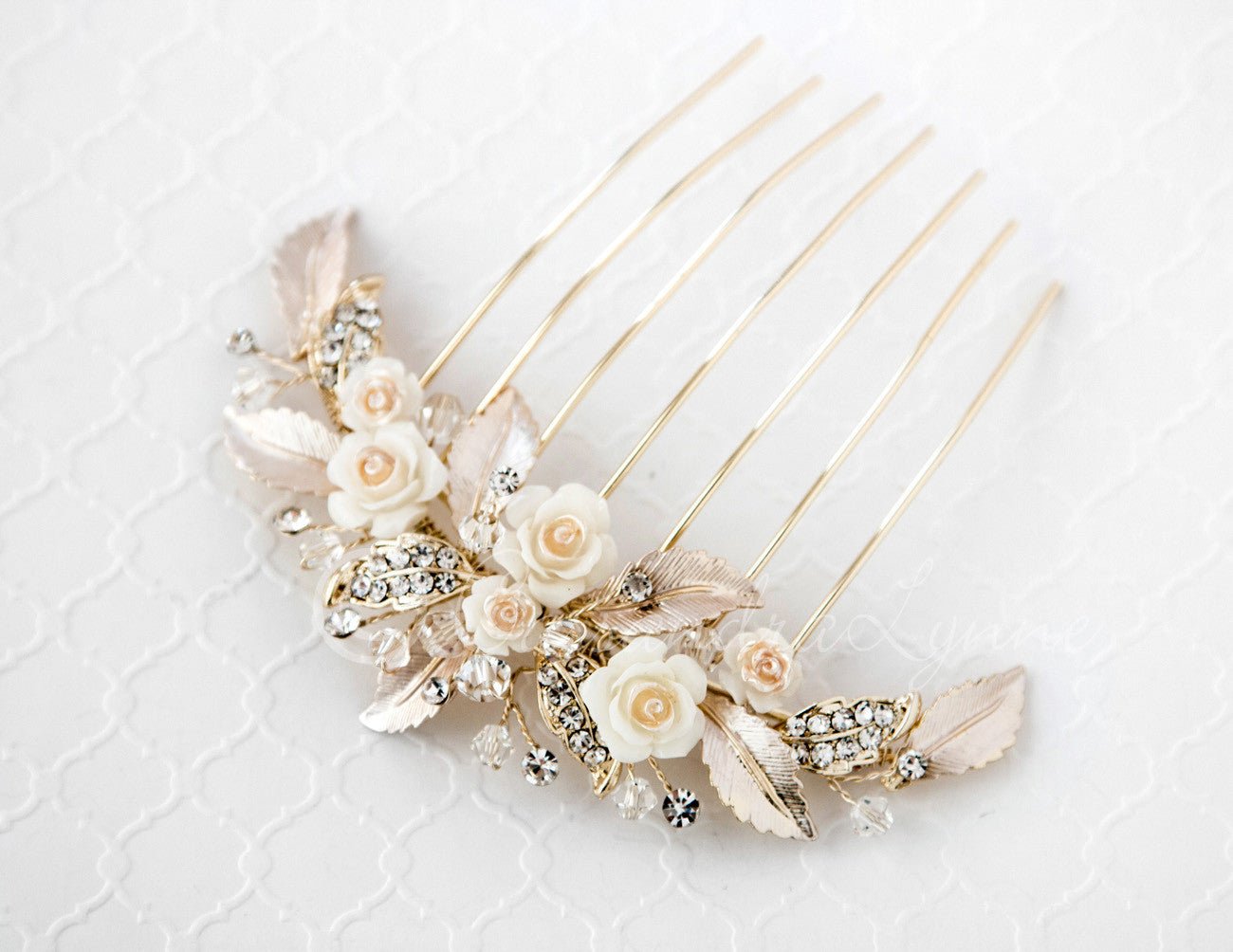 Bridal Veil Comb of Porcelain Flowers and Light Gold Leaves