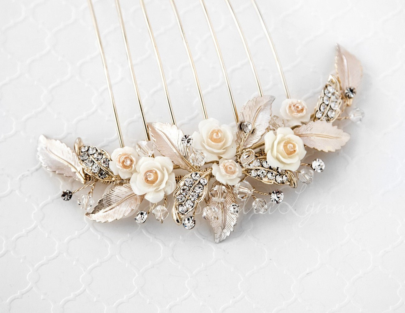 Bridal Veil Comb of Porcelain Flowers and Light Gold Leaves - Cassandra Lynne