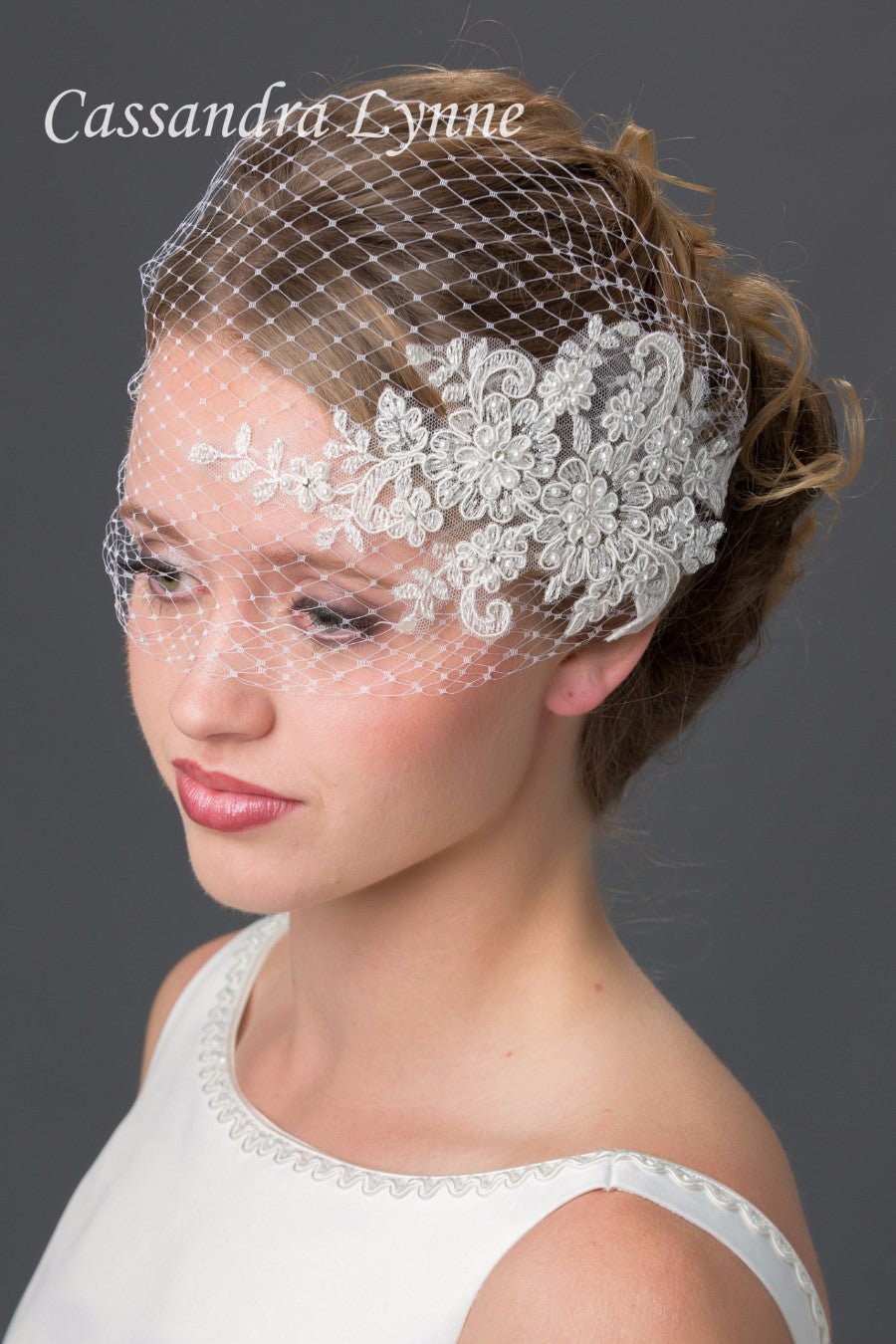 Bridal Visor Birdcage Veil with Beaded Lace Accent