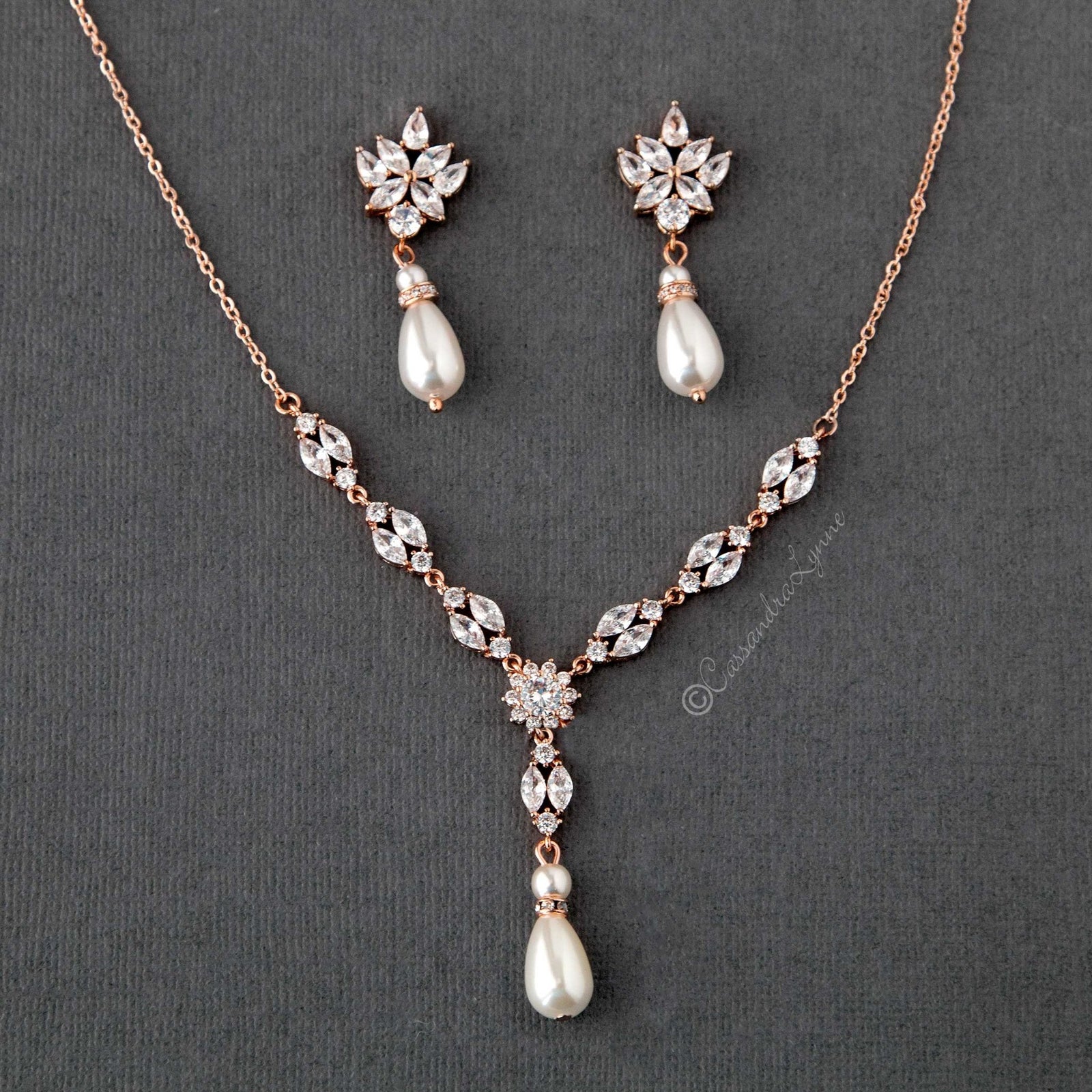 Pearl and CZ Wedding Necklace Set - Cassandra Lynne