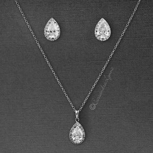 Classic CZ Necklace Pave Pear Bridal Pendant and Earrings