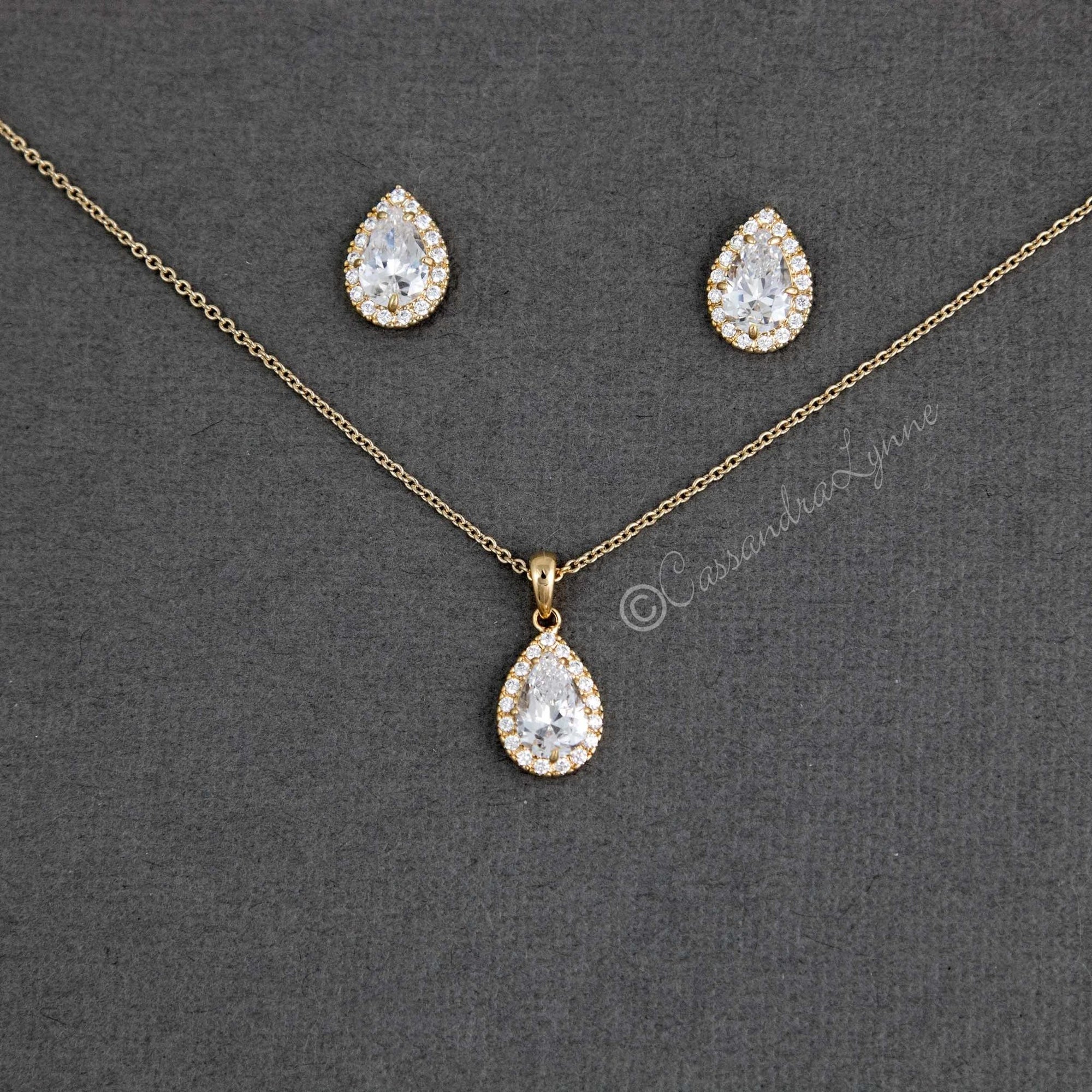Classic CZ Necklace Pave Pear Pendant and Earrings - Cassandra Lynne