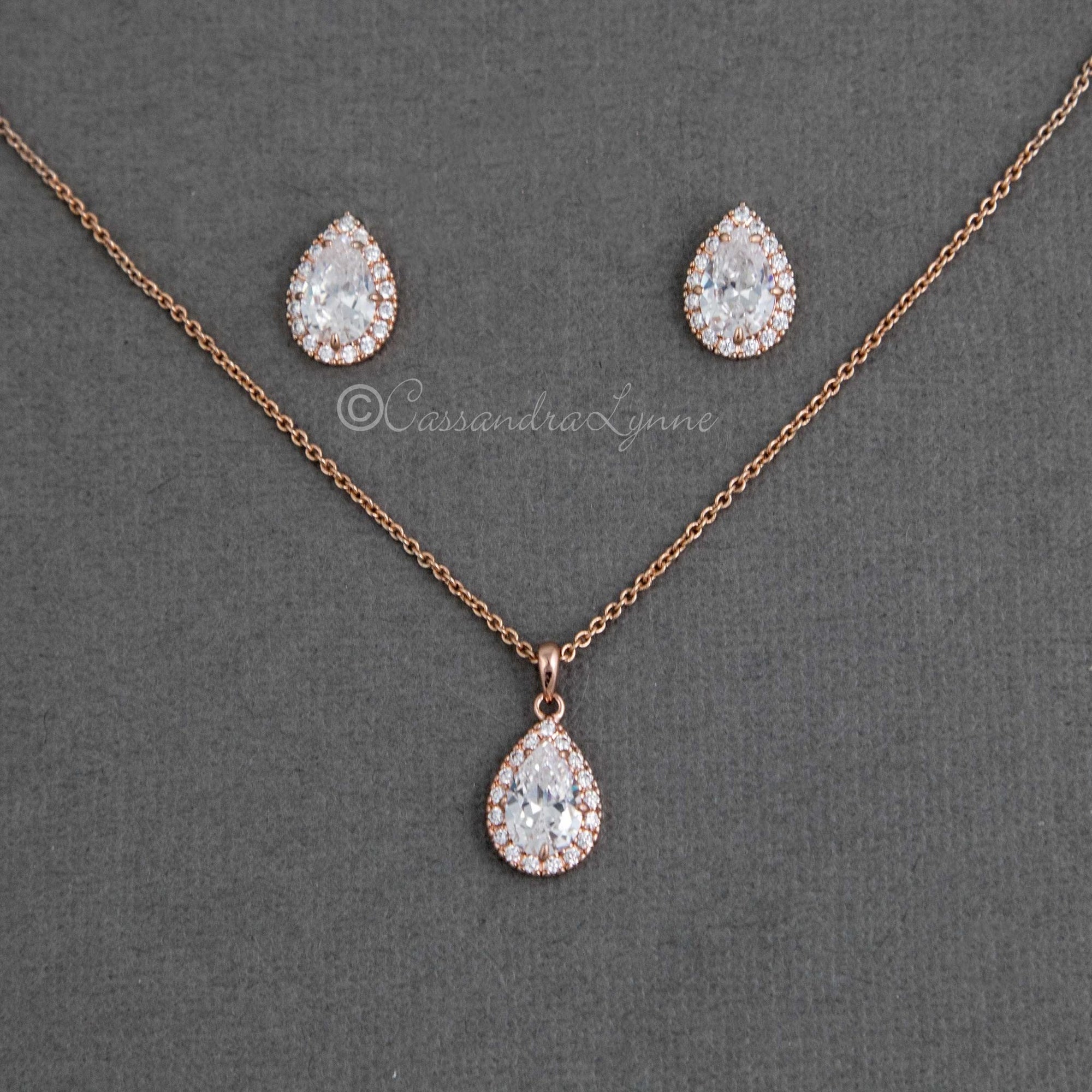 Classic CZ Necklace Pave Pear Pendant and Earrings - Cassandra Lynne