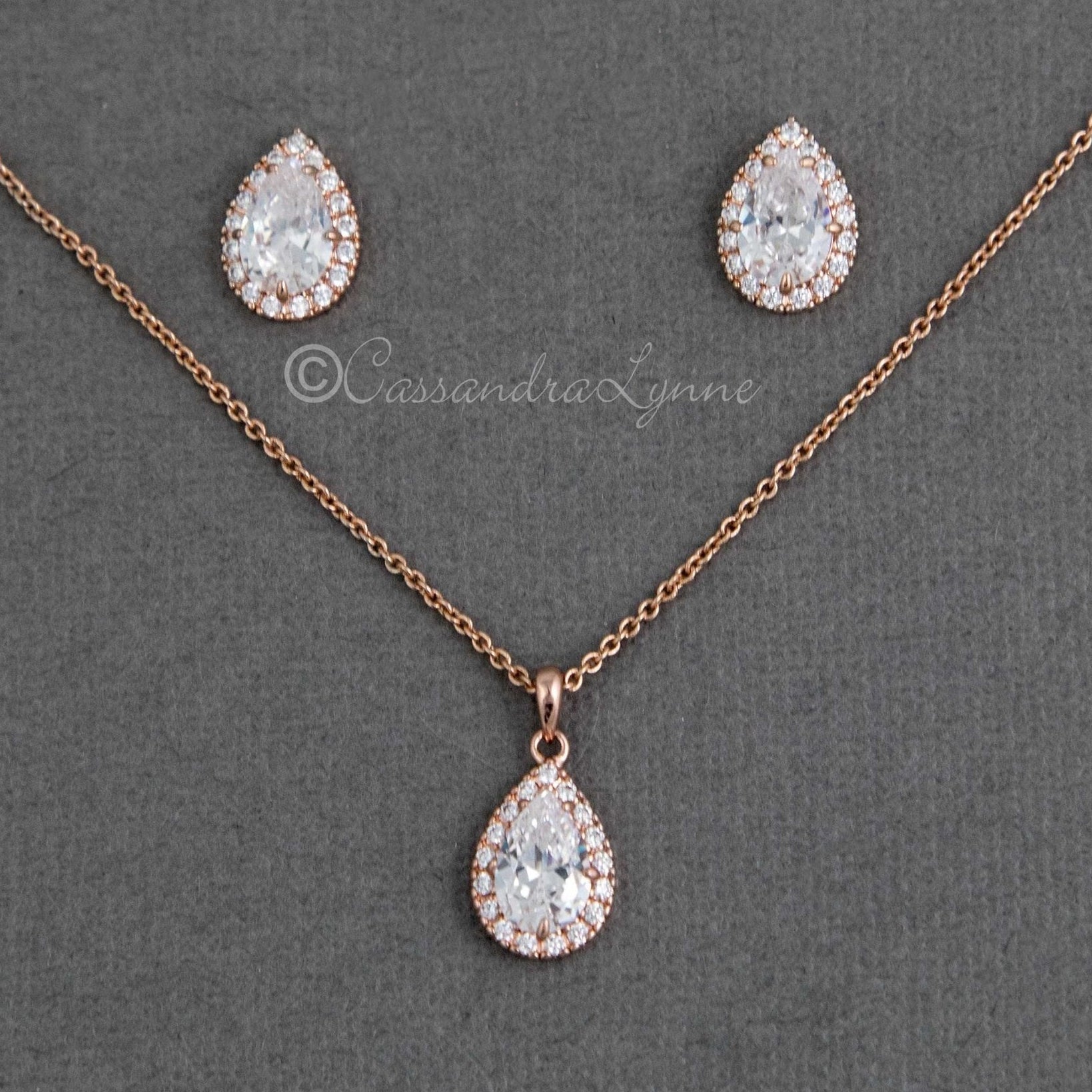 Classic CZ Necklace Pave Pear Pendant and Earrings - Necklace Set - Cassandra Lynne