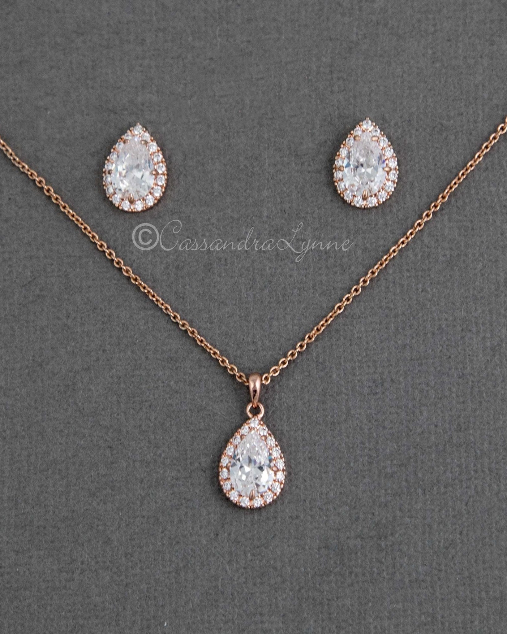 Classic CZ Necklace Pave Pear Pendant and Earrings - Necklace Set - Cassandra Lynne