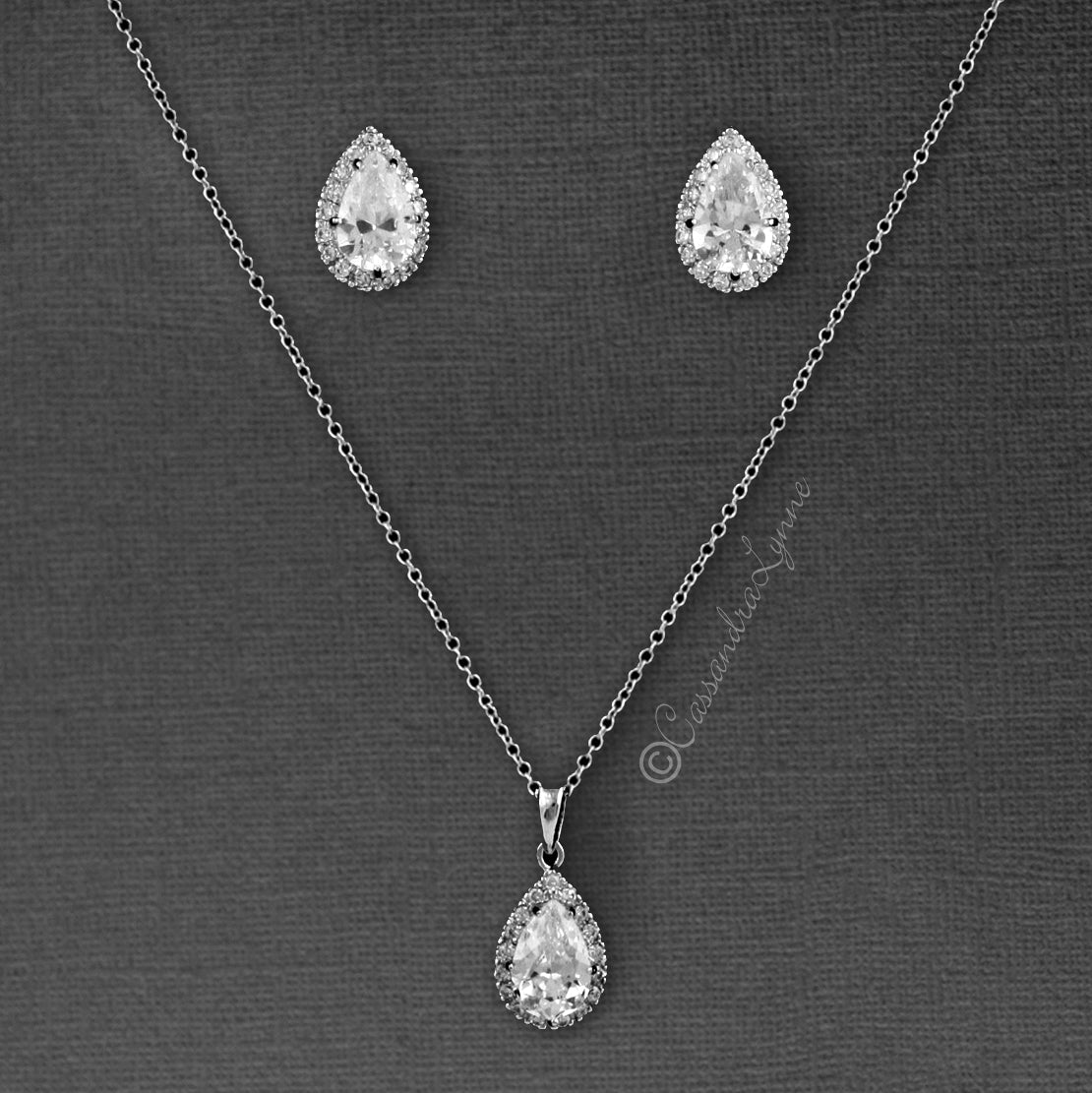 Classic CZ Necklace Pave Pear Pendant and Earrings - Necklace Set - Cassandra Lynne