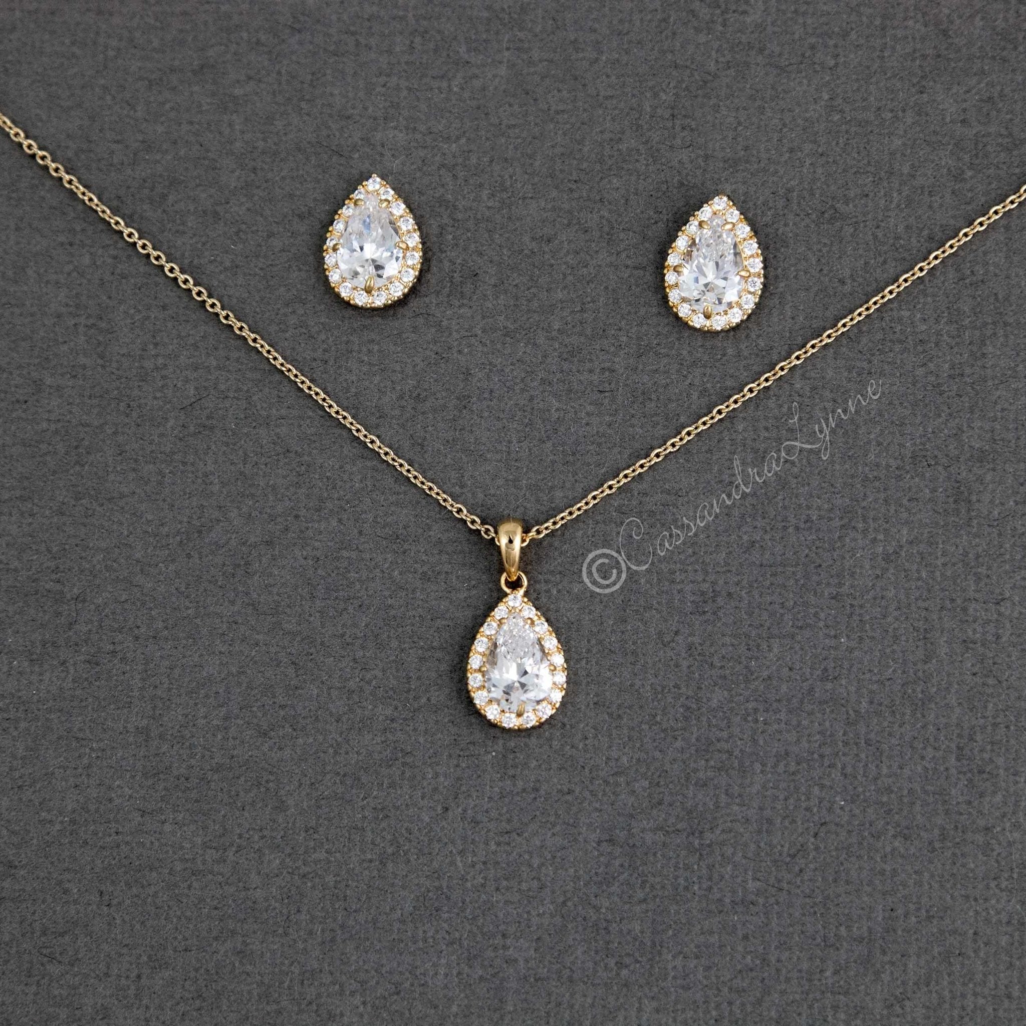 Classic CZ Necklace Pave Pear Pendant and Earrings - Necklace Set - Cassandra Lynne