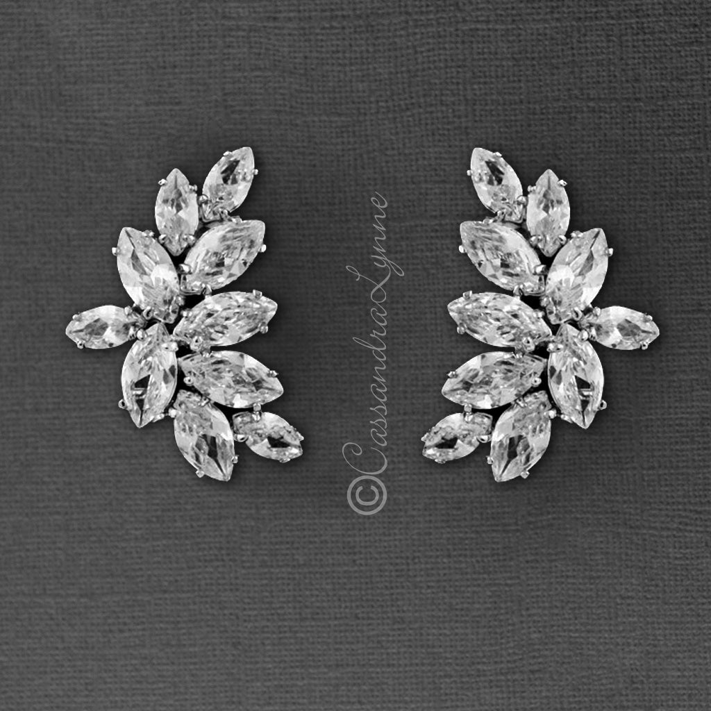 Clip - On CZ Bridal Earrings of Marquise Leaf Clusters - Earrings - Cassandra Lynne