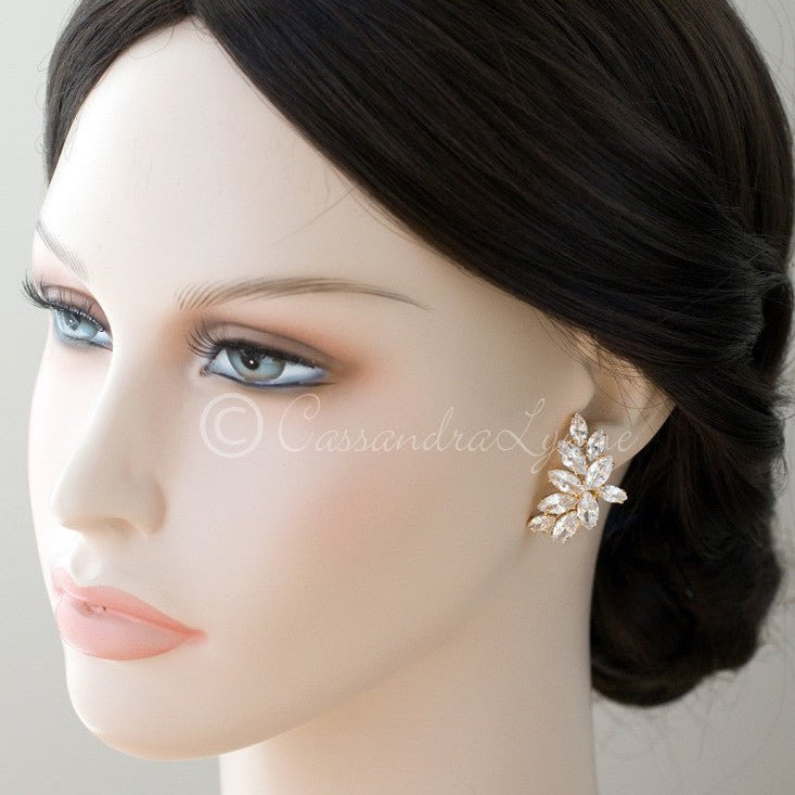Clip - On CZ Bridal Earrings of Marquise Leaf Clusters - Earrings - Cassandra Lynne