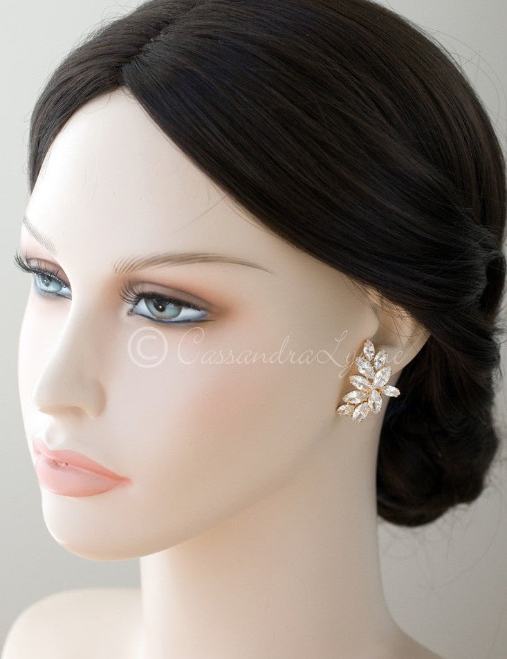 Clip - On CZ Bridal Earrings of Marquise Leaf Clusters - Earrings - Cassandra Lynne