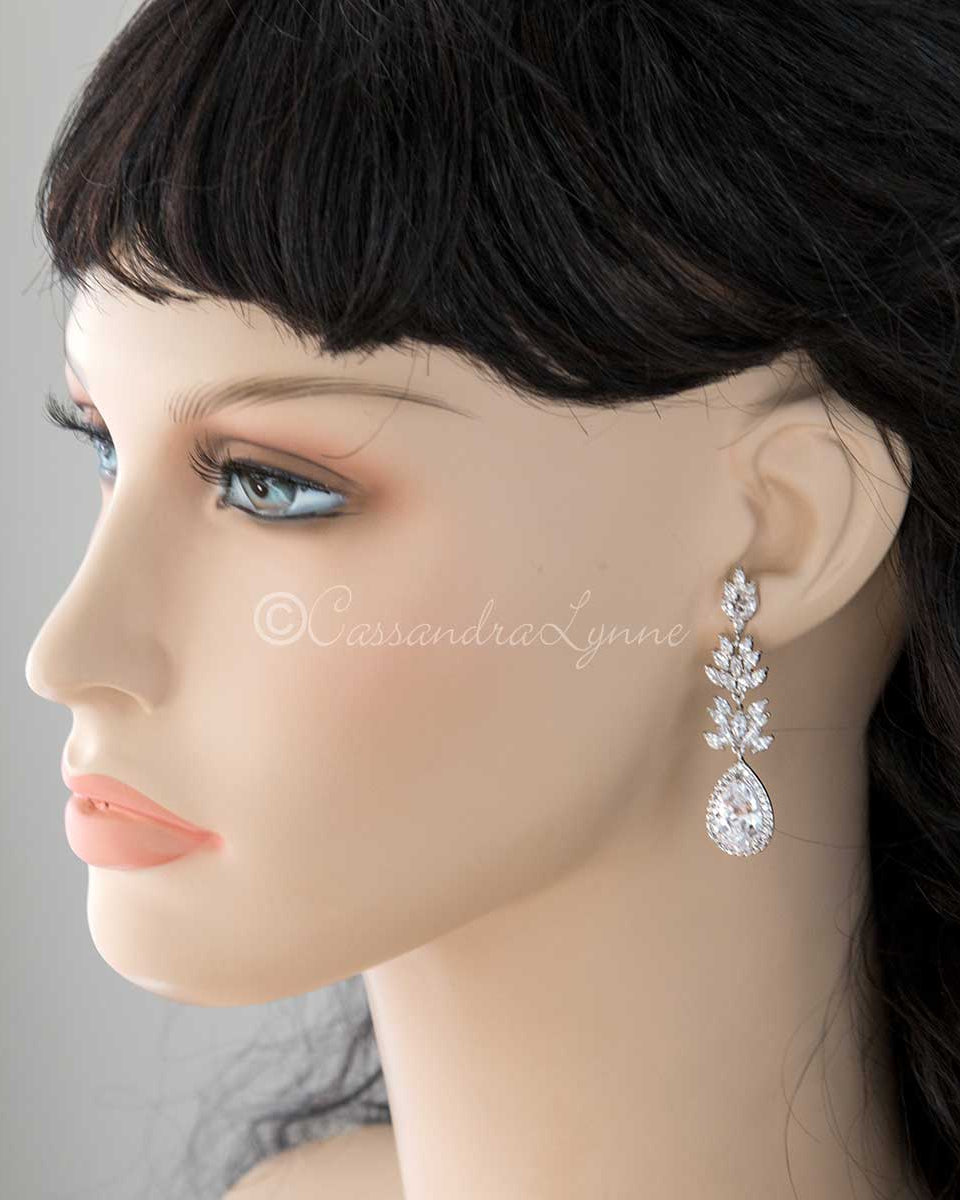 Clip - On CZ Vine Pear Drop Wedding Earrings - Earrings - Cassandra Lynne