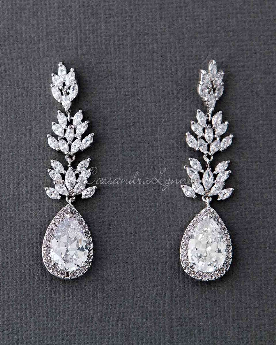 Clip - On CZ Vine Pear Drop Wedding Earrings - Earrings - Cassandra Lynne