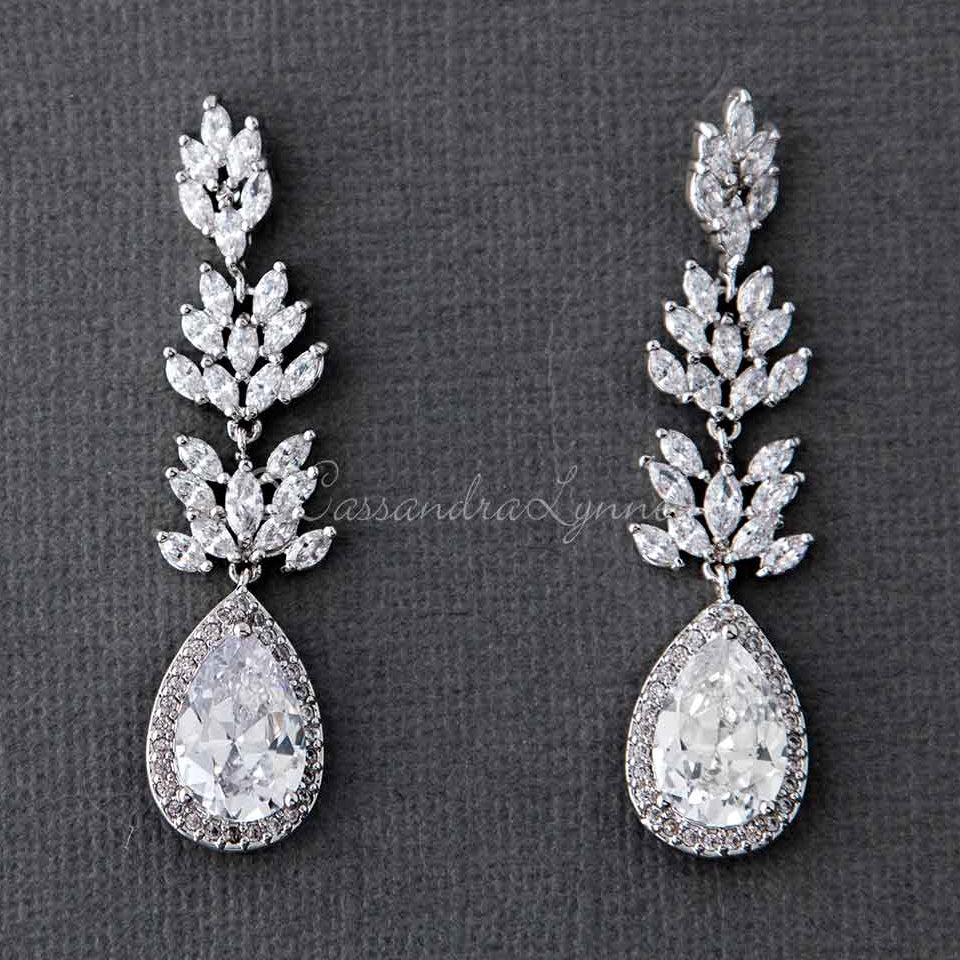 Clip - On CZ Vine Pear Drop Wedding Earrings - Earrings - Cassandra Lynne
