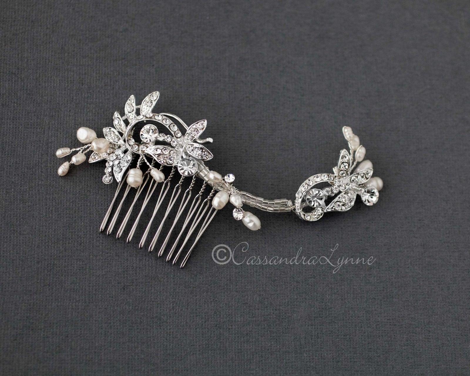 Crystal and Freshwater Pearl Wave Bridal Comb - Cassandra Lynne
