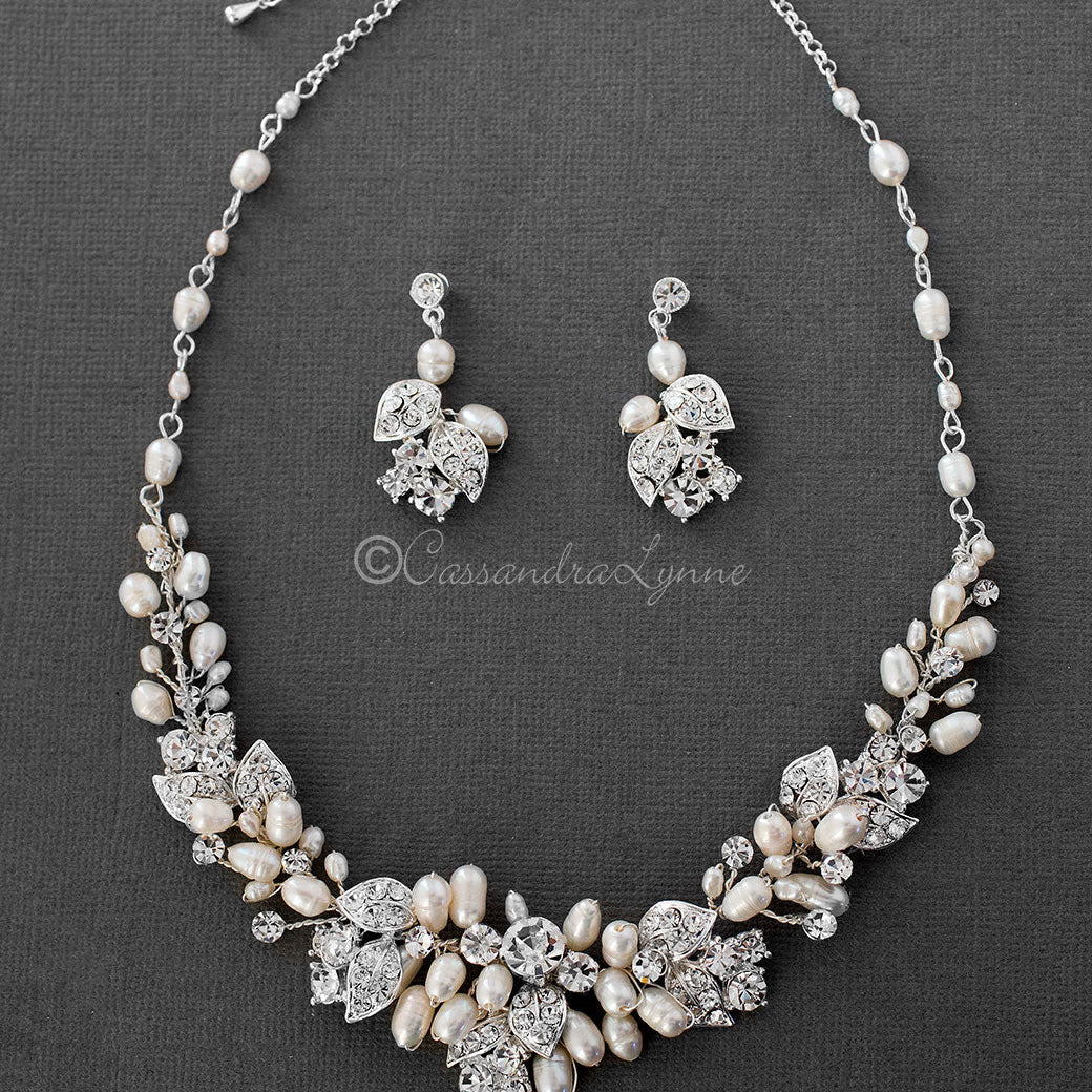 Crystal and Ivory Pearl Wedding Jewelry Set - Necklace Set - Cassandra Lynne