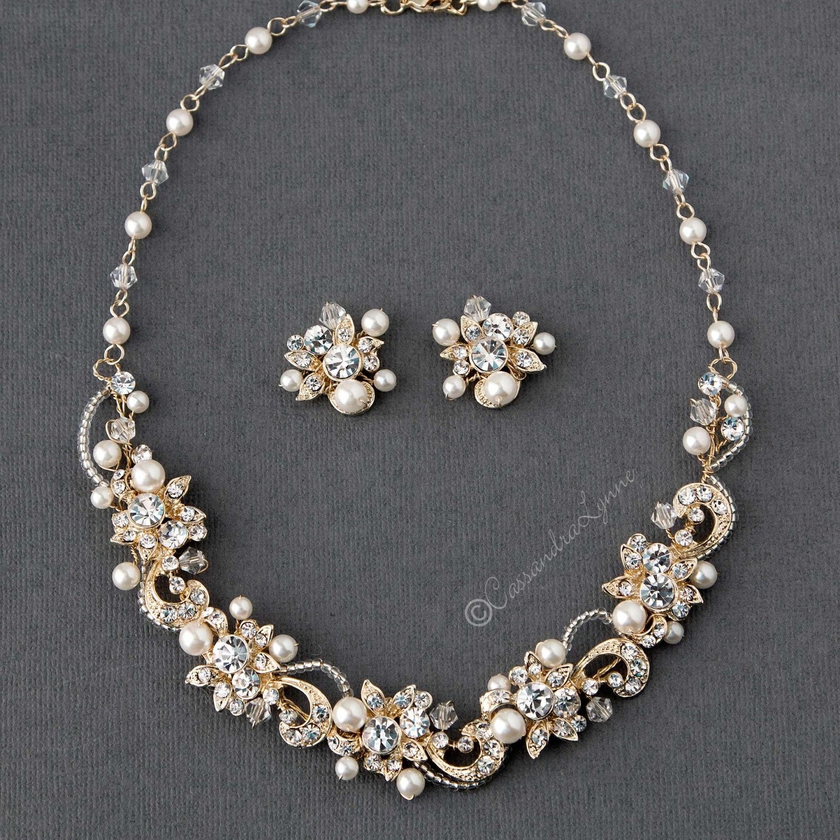 Crystal and Pearl Bridal Necklace Set Light Gold - Necklace Set - Cassandra Lynne