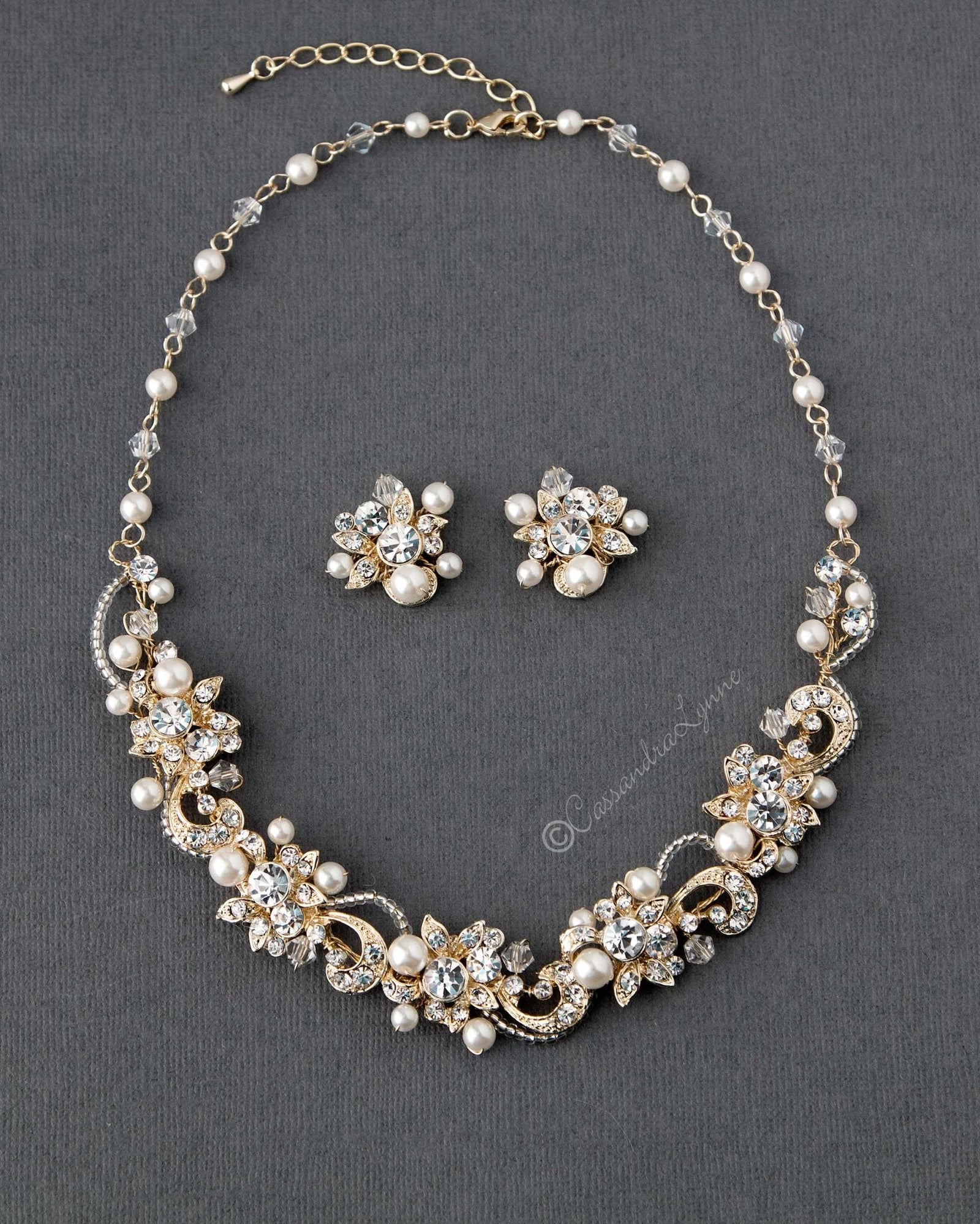 Crystal and Pearl Bridal Necklace Set Light Gold - Necklace Set - Cassandra Lynne