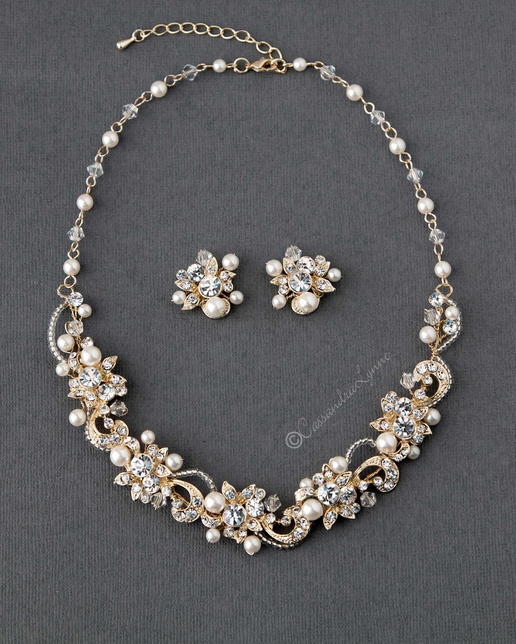 Crystal and Pearl Bridal Necklace Set Light Gold - Necklace Set - Cassandra Lynne