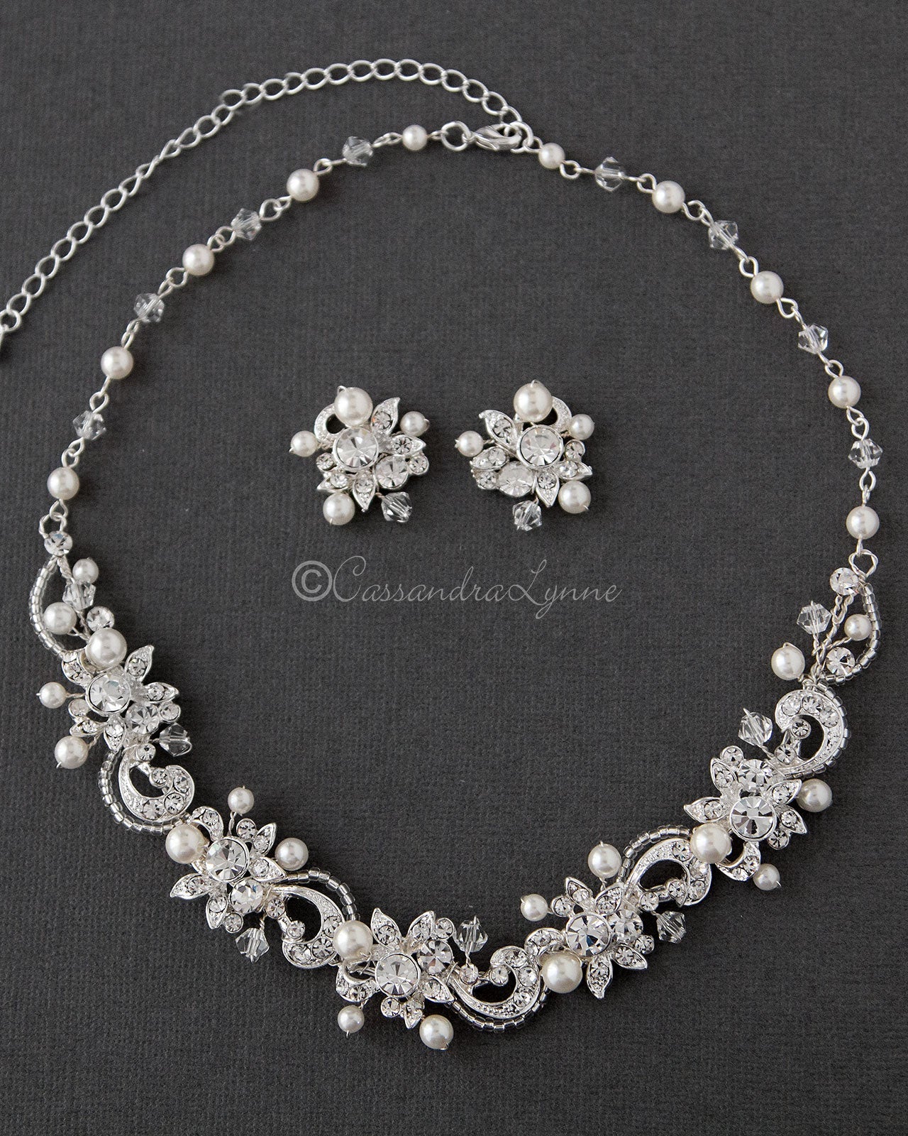 Crystal and Pearl Floral Bridal Necklace Set