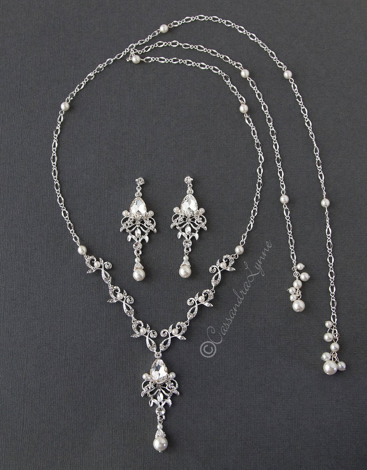 Crystal and Pearl Tie Back Drop Necklace Set