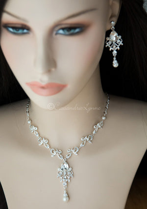 Crystal and Pearl Tie Back Drop Necklace Set