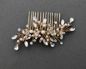 Crystal and Pearl Wedding Comb Gold