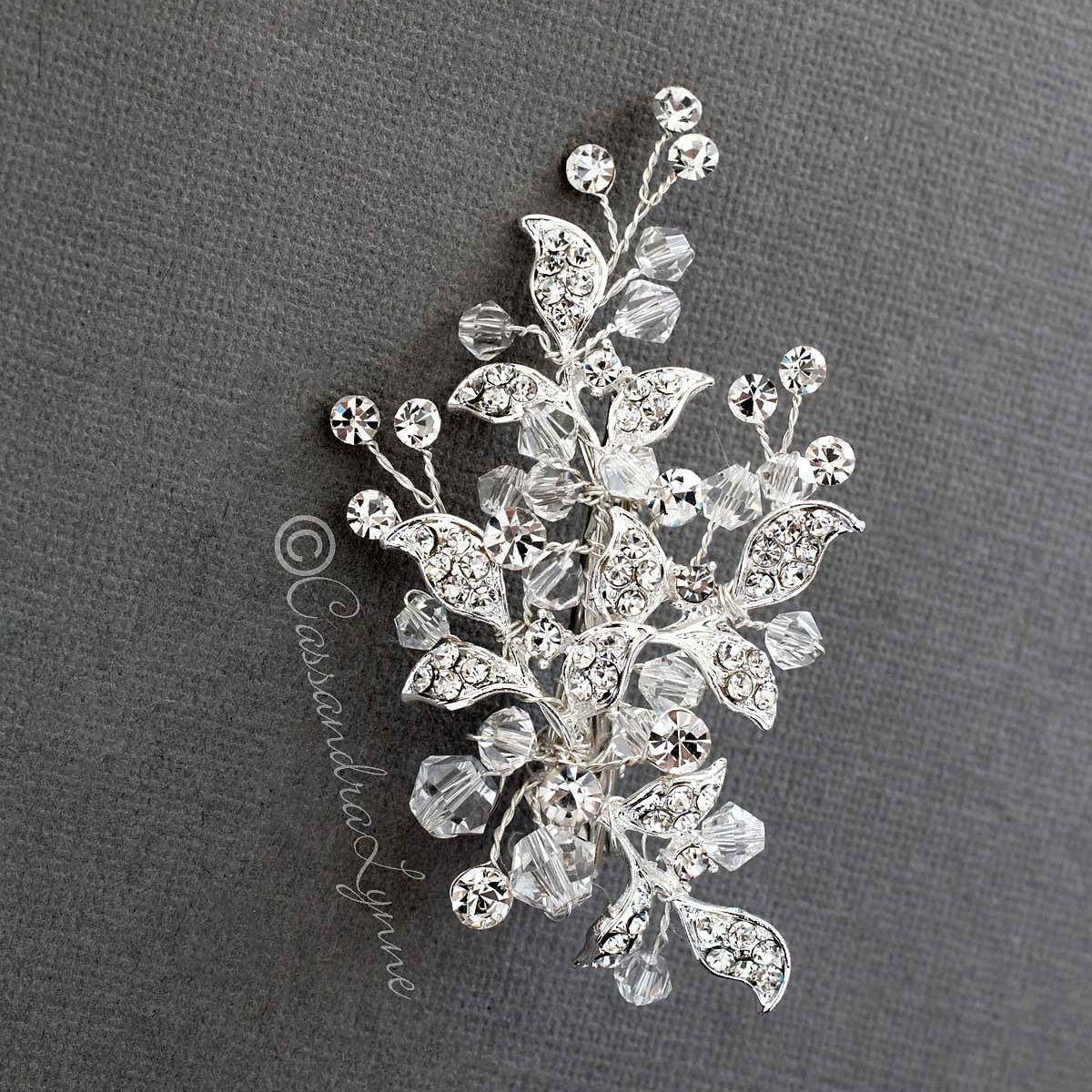Crystal Bridal Hair Clip with Jeweled Leaves - Hair Clips - Cassandra Lynne