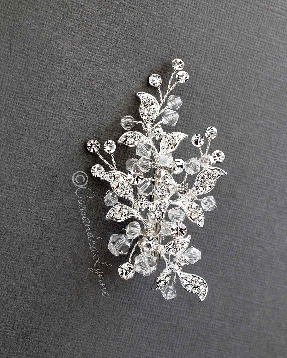 Crystal Bridal Hair Clip with Jeweled Leaves - Hair Clips - Cassandra Lynne