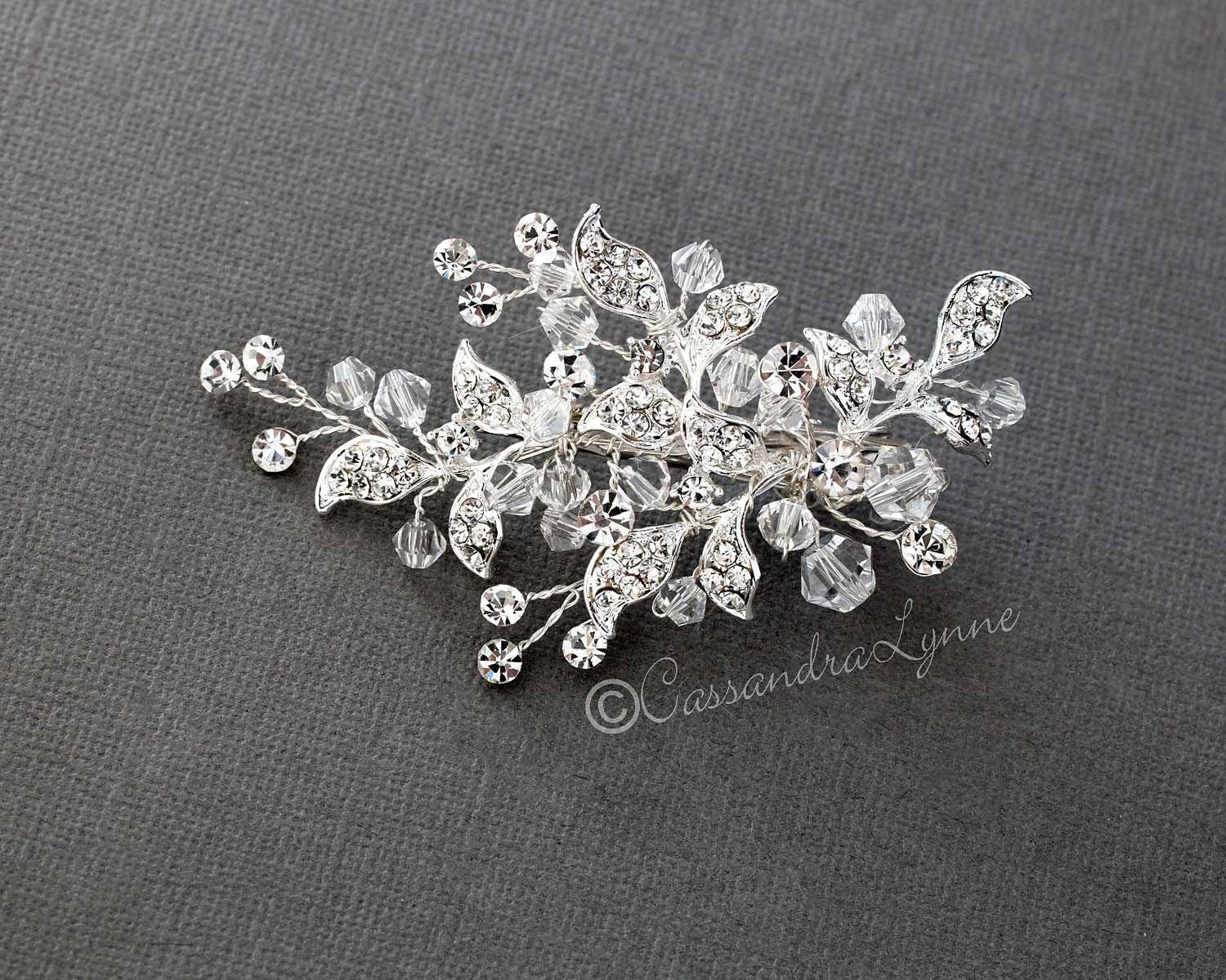 Crystal Bridal Hair Clip with Jeweled Leaves - Hair Clips - Cassandra Lynne