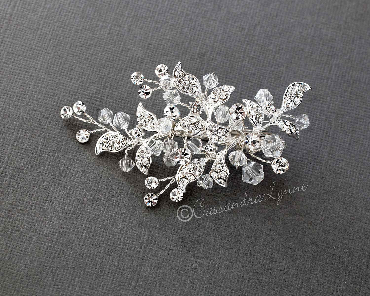 Crystal Bridal Hair Clip with Jeweled Leaves - Cassandra Lynne