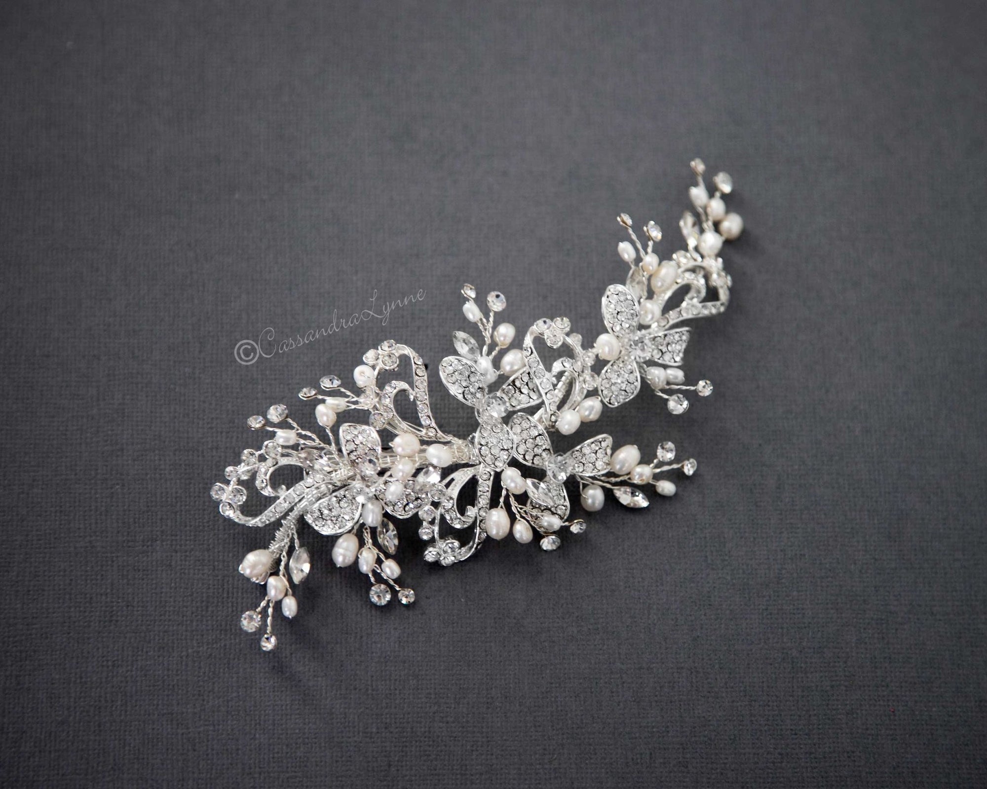 Crystal Flowers and Pearls Wedding Hair Clip - Cassandra Lynne