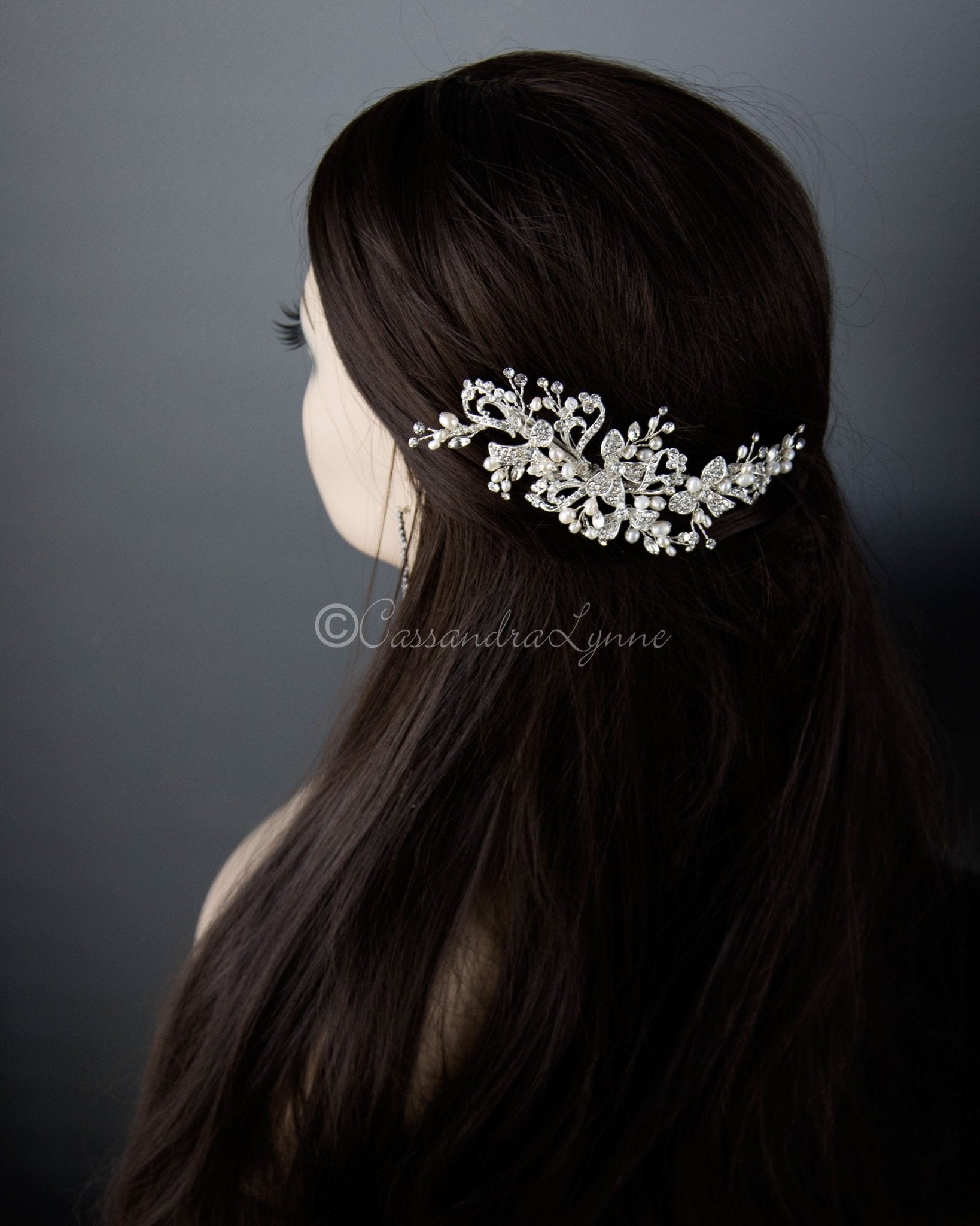 Crystal Flowers and Pearls Wedding Hair Clip - Cassandra Lynne