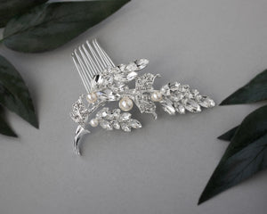 Hair Comb with Crystal Leaves and Pearls
