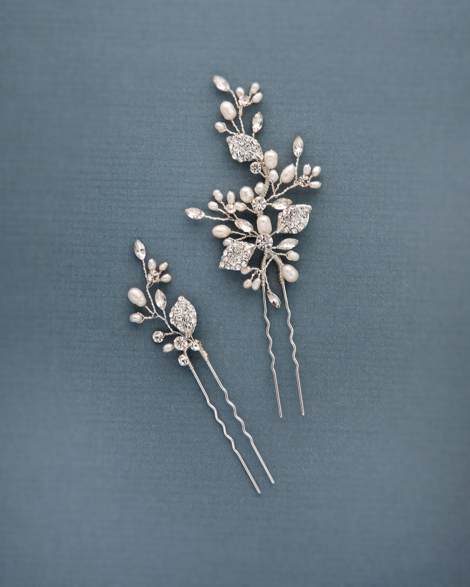 Crystal Leaves and Pearls Hair Pin Set - Hair Pins - Cassandra Lynne