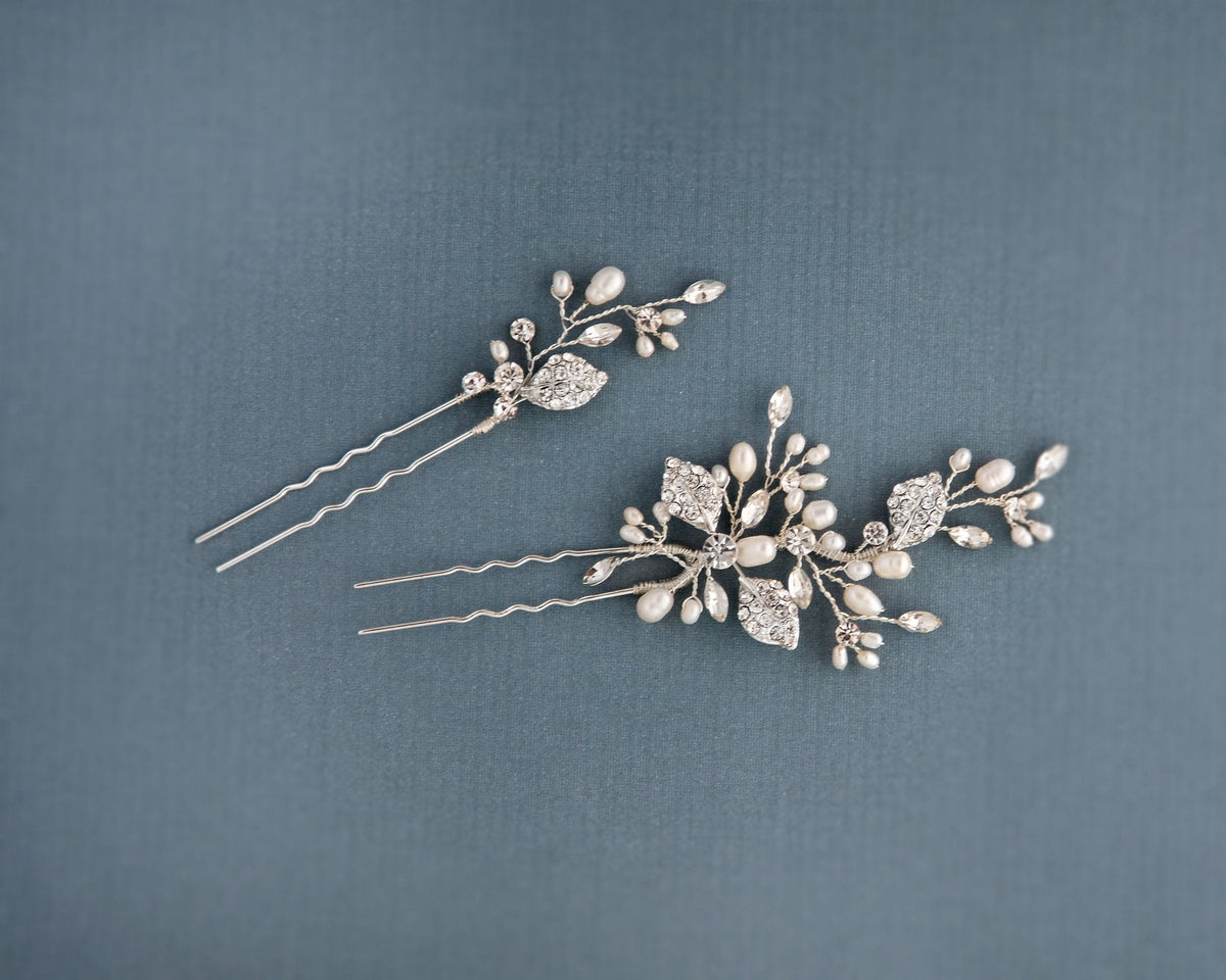 Crystal Leaves and Pearls Hair Pin Set - Hair Pins - Cassandra Lynne