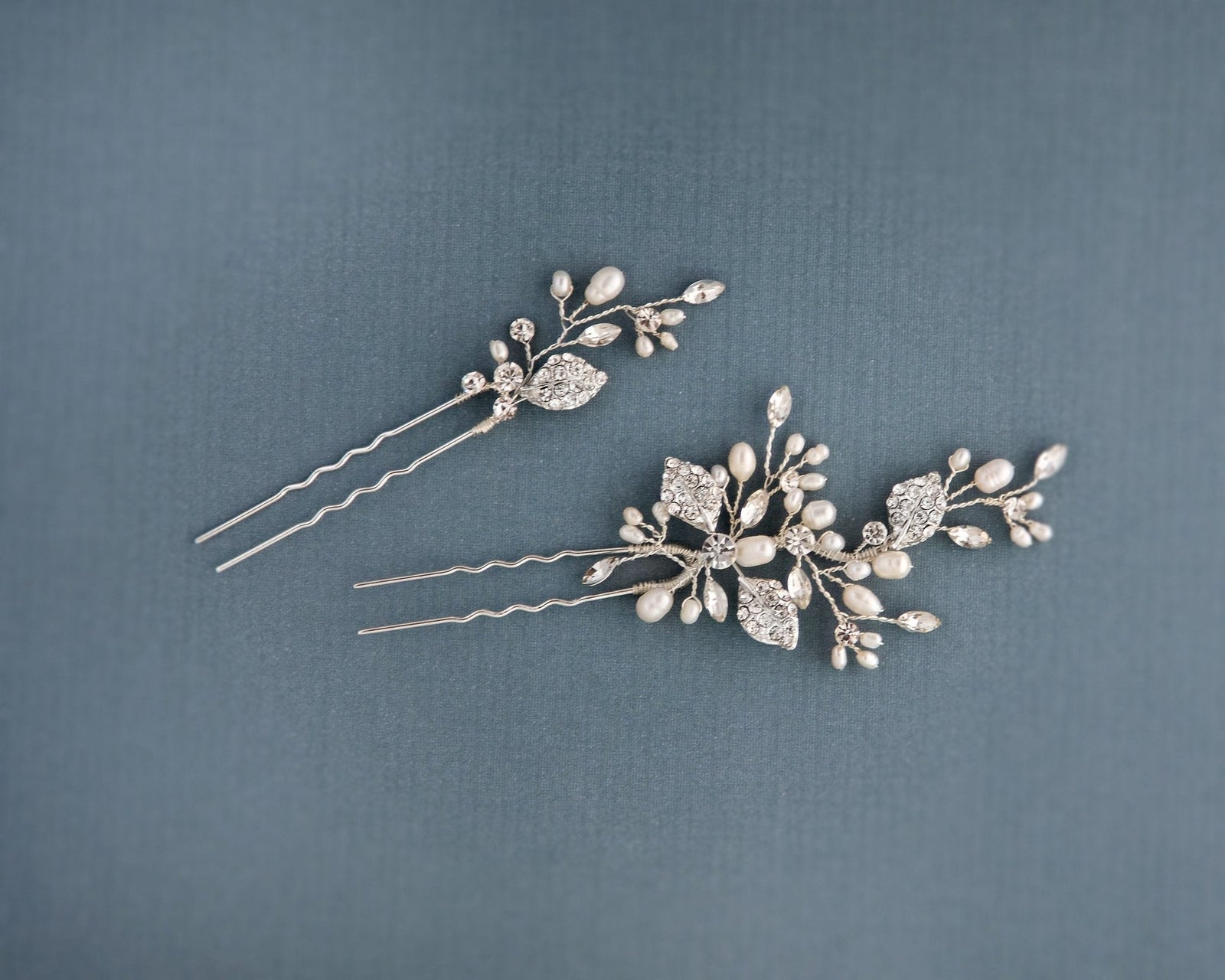 Crystal Leaves and Pearls Hair Pin Set - Hair Pins - Cassandra Lynne