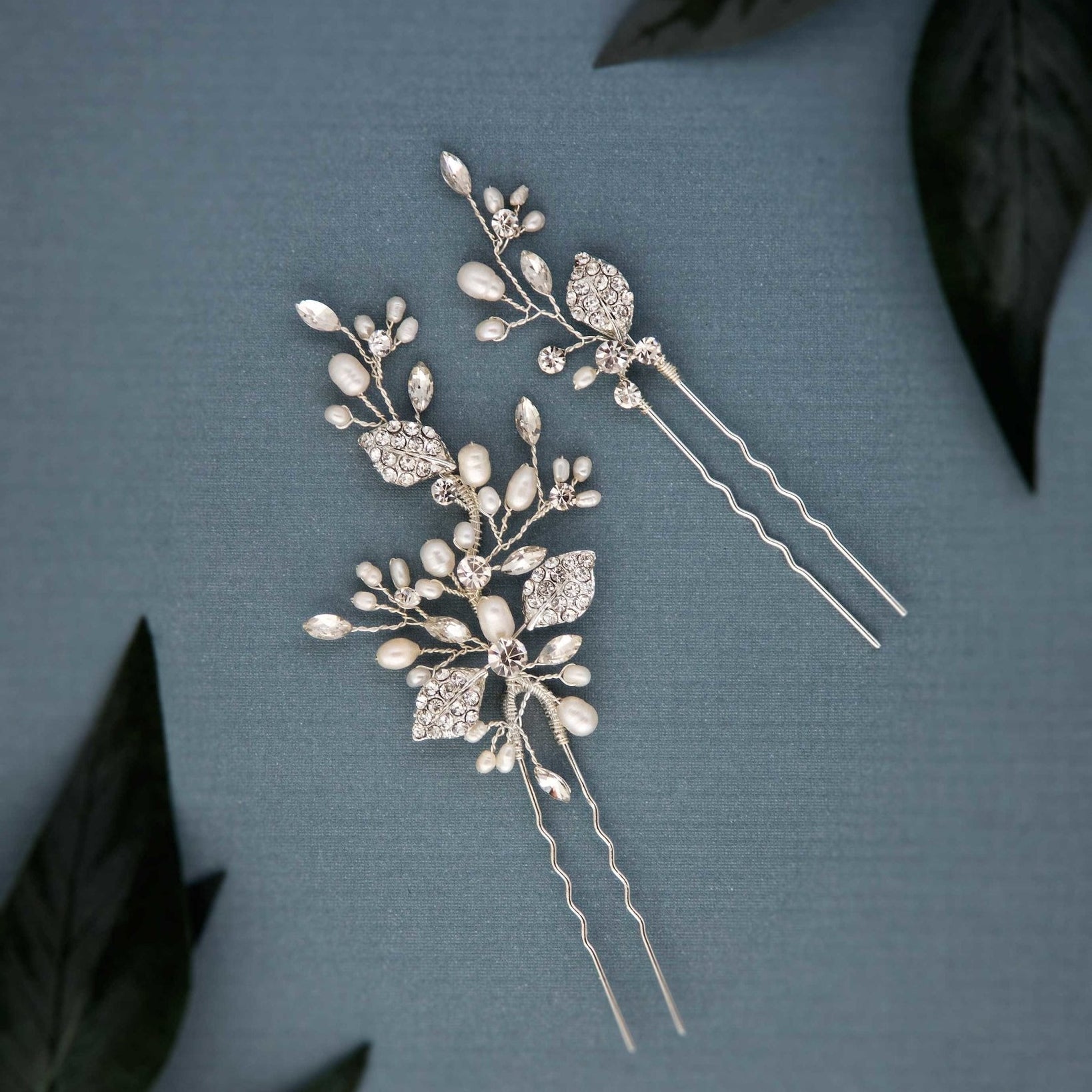 Crystal Leaves and Pearls Hair Pin Set - Hair Pins - Cassandra Lynne