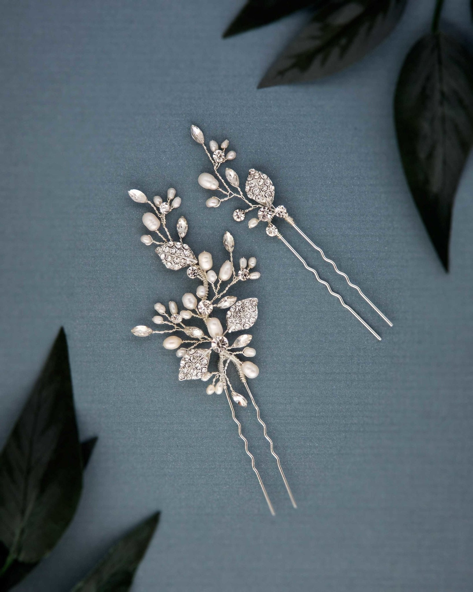 Crystal Leaves and Pearls Hair Pin Set - Hair Pins - Cassandra Lynne