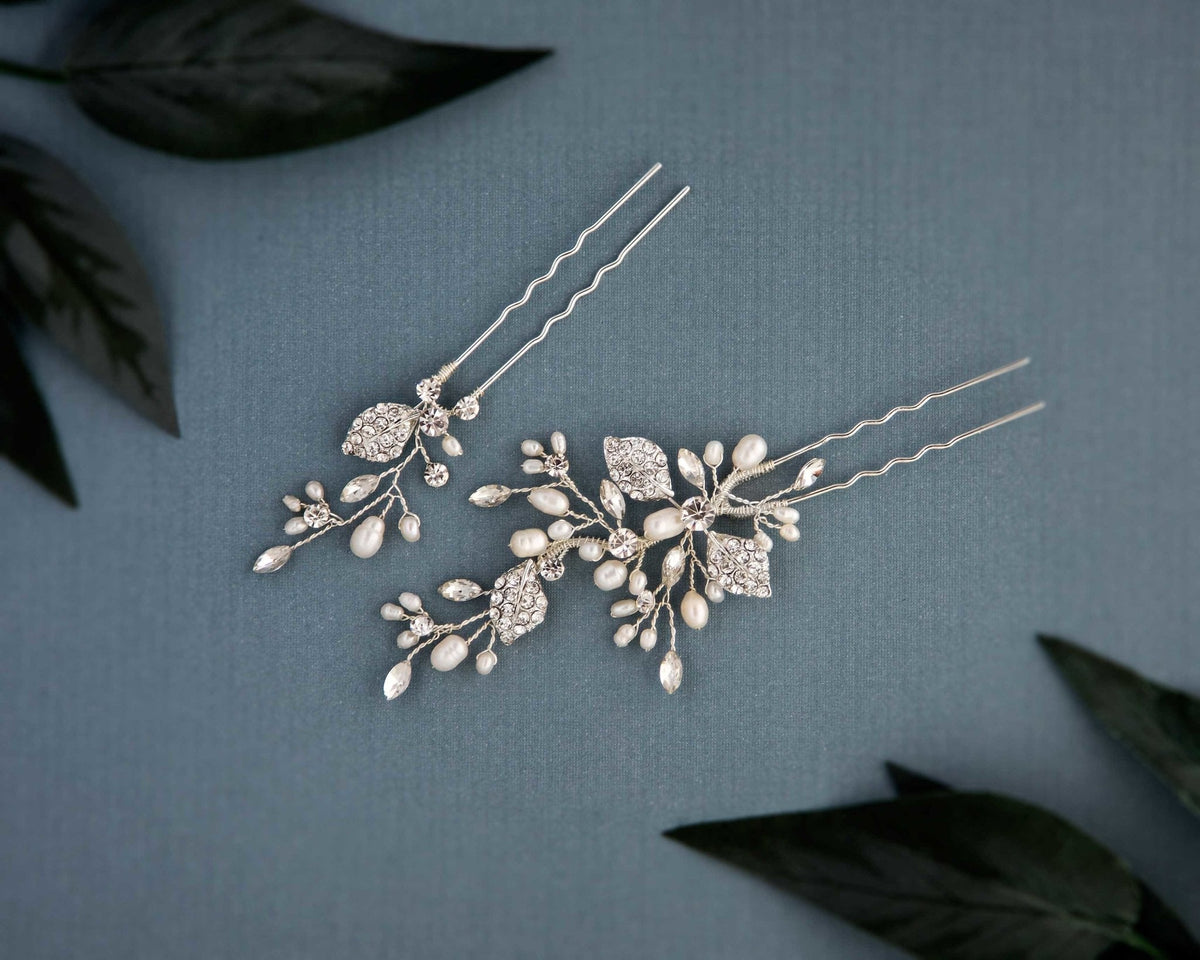 Crystal Leaves and Pearls Hair Pin Set - Hair Pins - Cassandra Lynne
