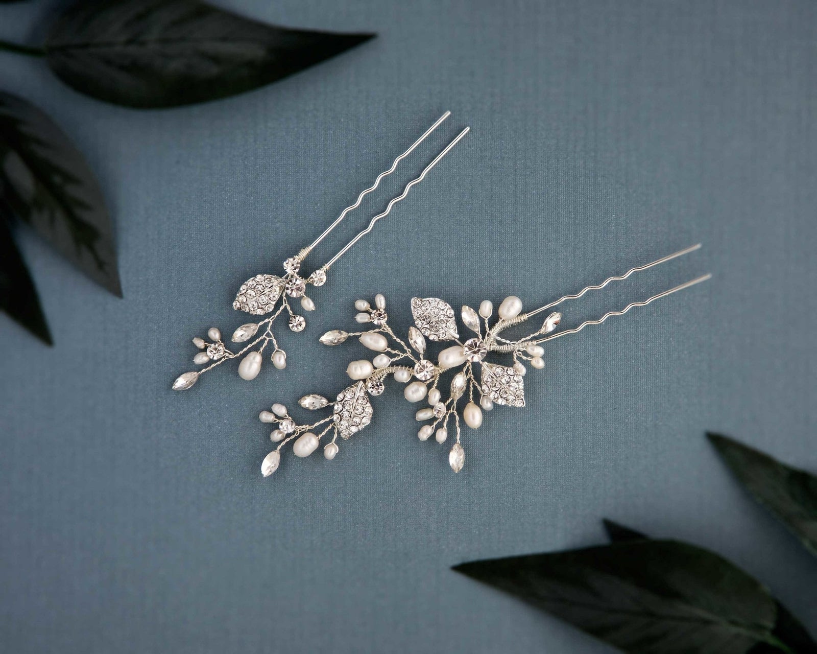 Crystal Leaves and Pearls Hair Pin Set - Hair Pins - Cassandra Lynne