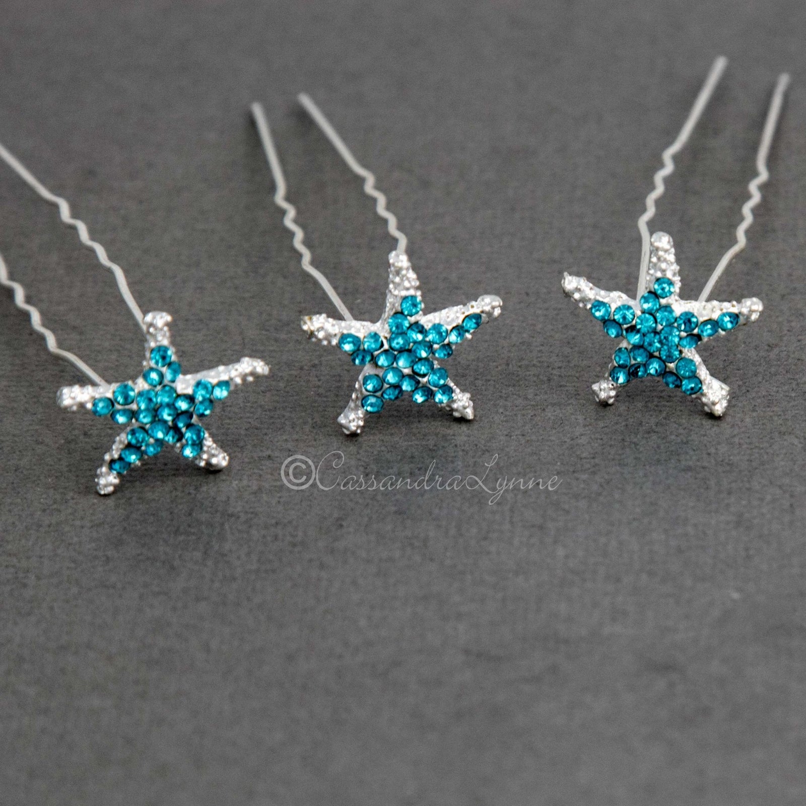 Crystal Starfish Hair Pins Silver and Aqua - Cassandra Lynne