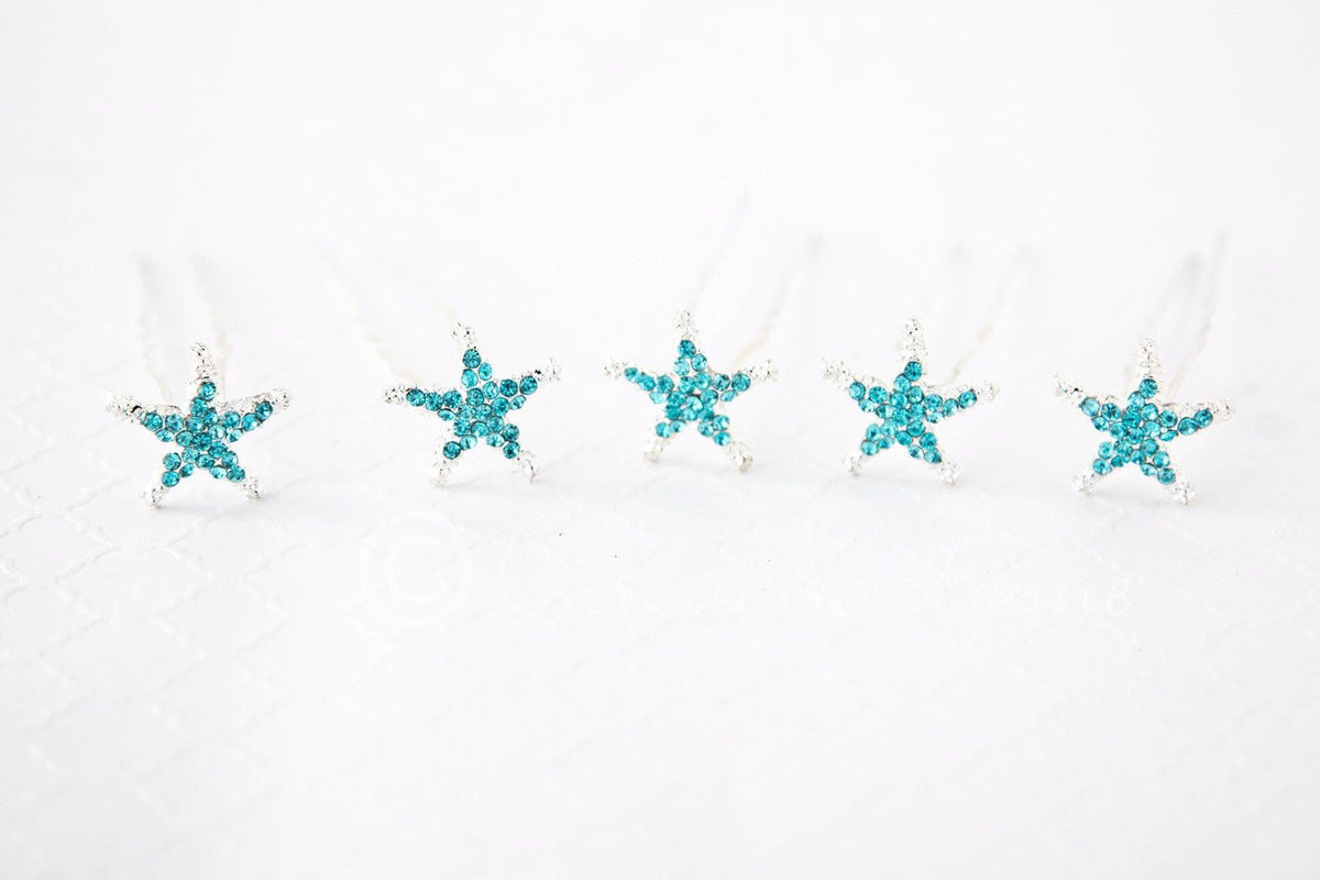 Crystal Starfish Hair Pins Silver and Aqua - Cassandra Lynne