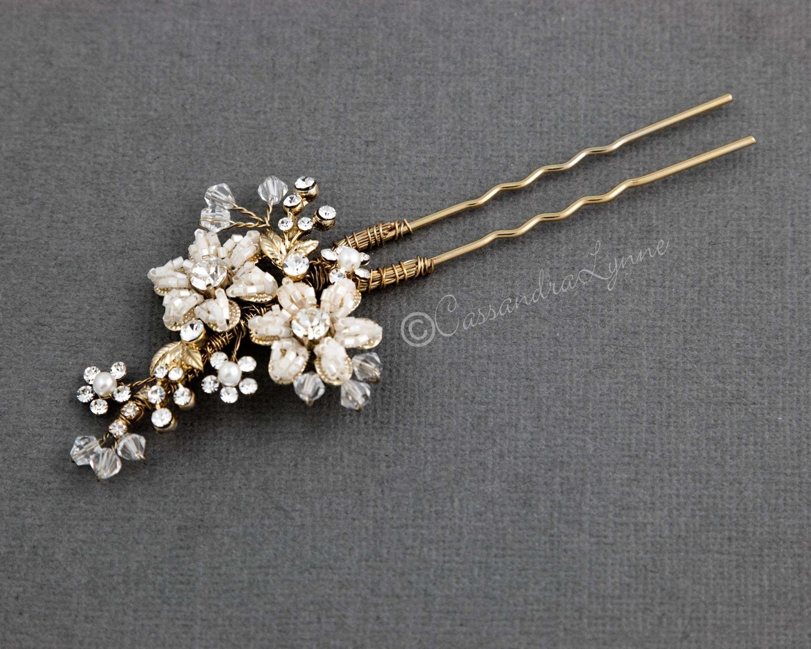Crystal Wedding Hair Pin with Beaded Flowers