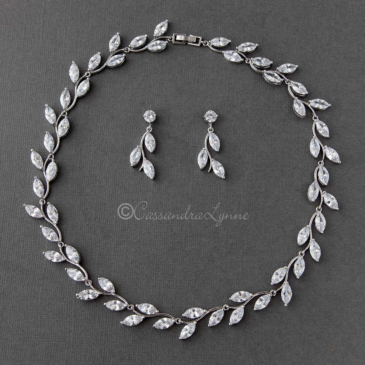 Cubic Zirconia Leaves Vine Bridal Necklace Set - Cassandra Lynne