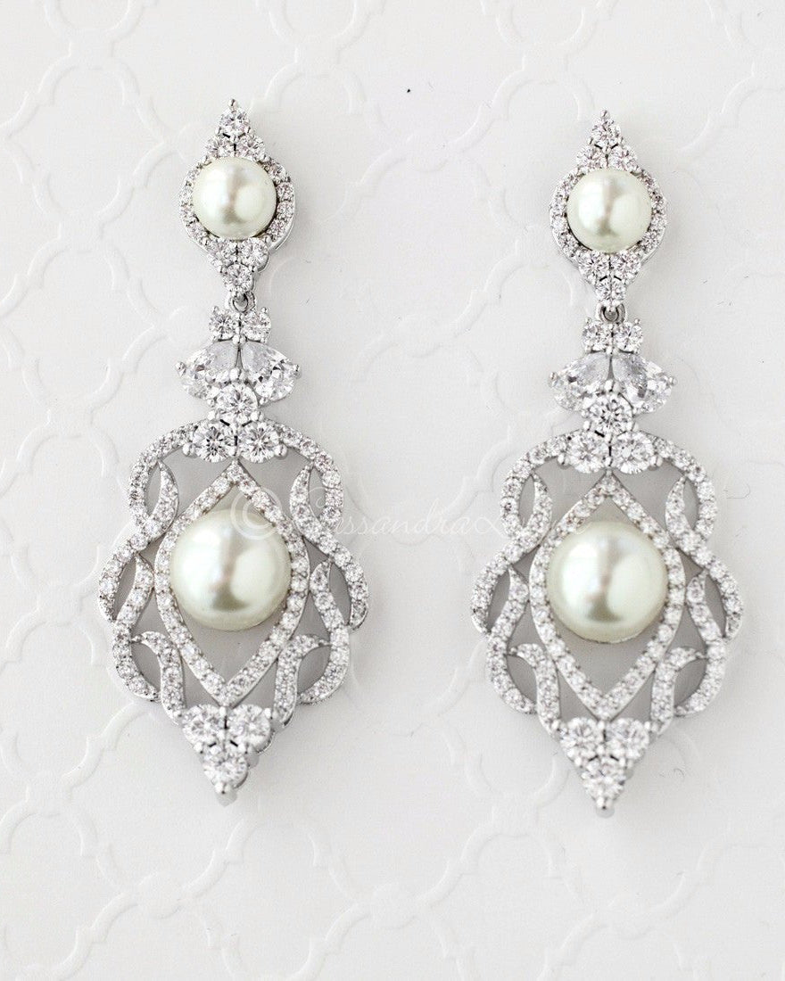 CZ Bridal Art Deco Earrings with Pearls - Earrings - Cassandra Lynne