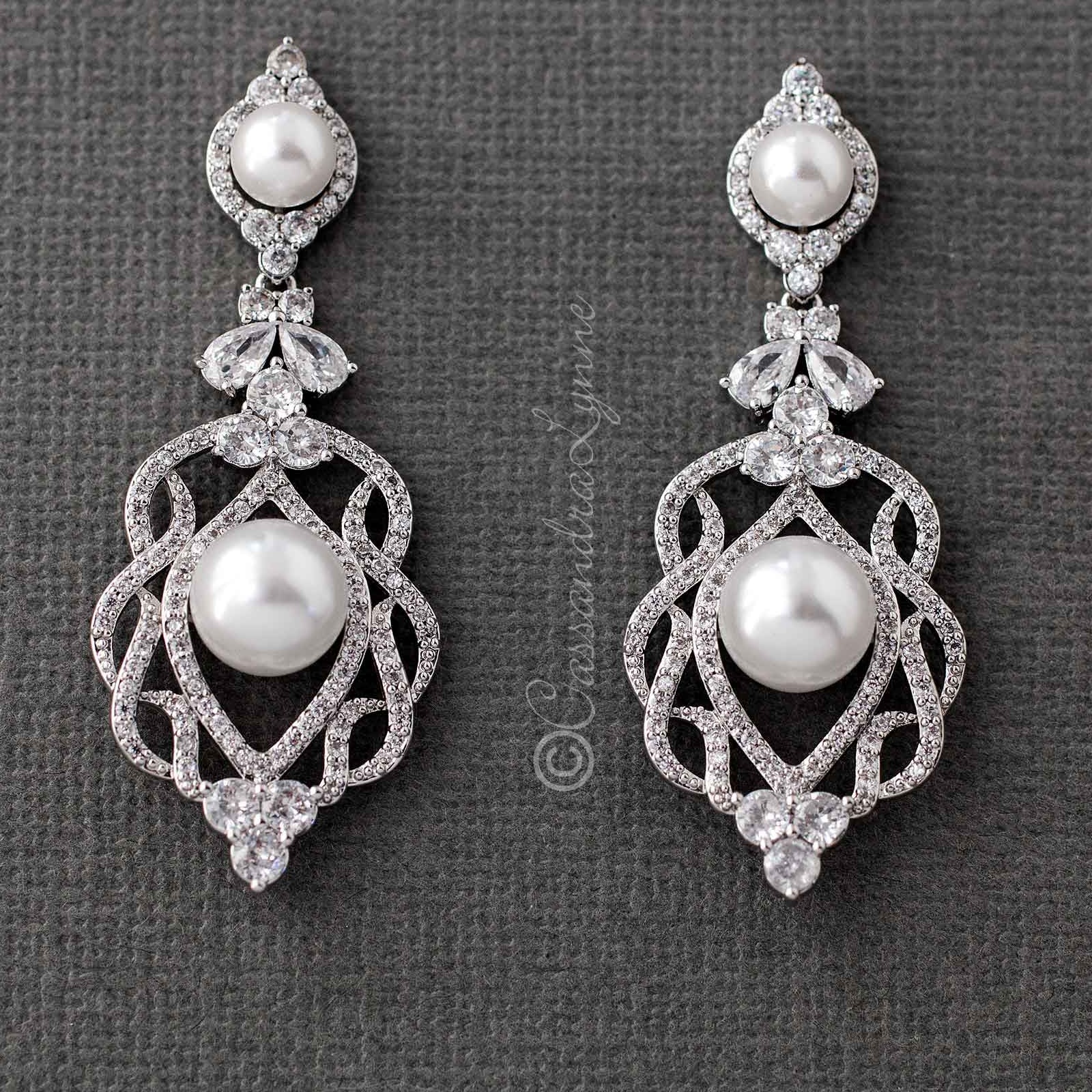 CZ Bridal Art Deco Earrings with Pearls - Earrings - Cassandra Lynne
