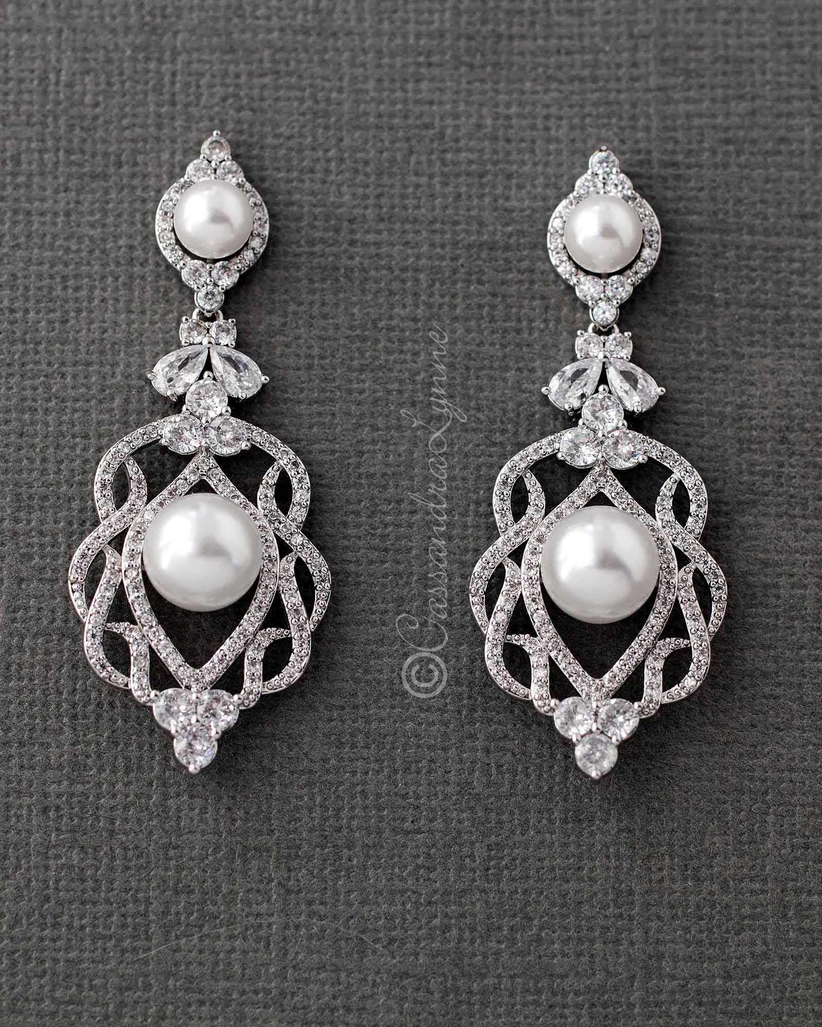 CZ Bridal Art Deco Earrings with Pearls - Earrings - Cassandra Lynne