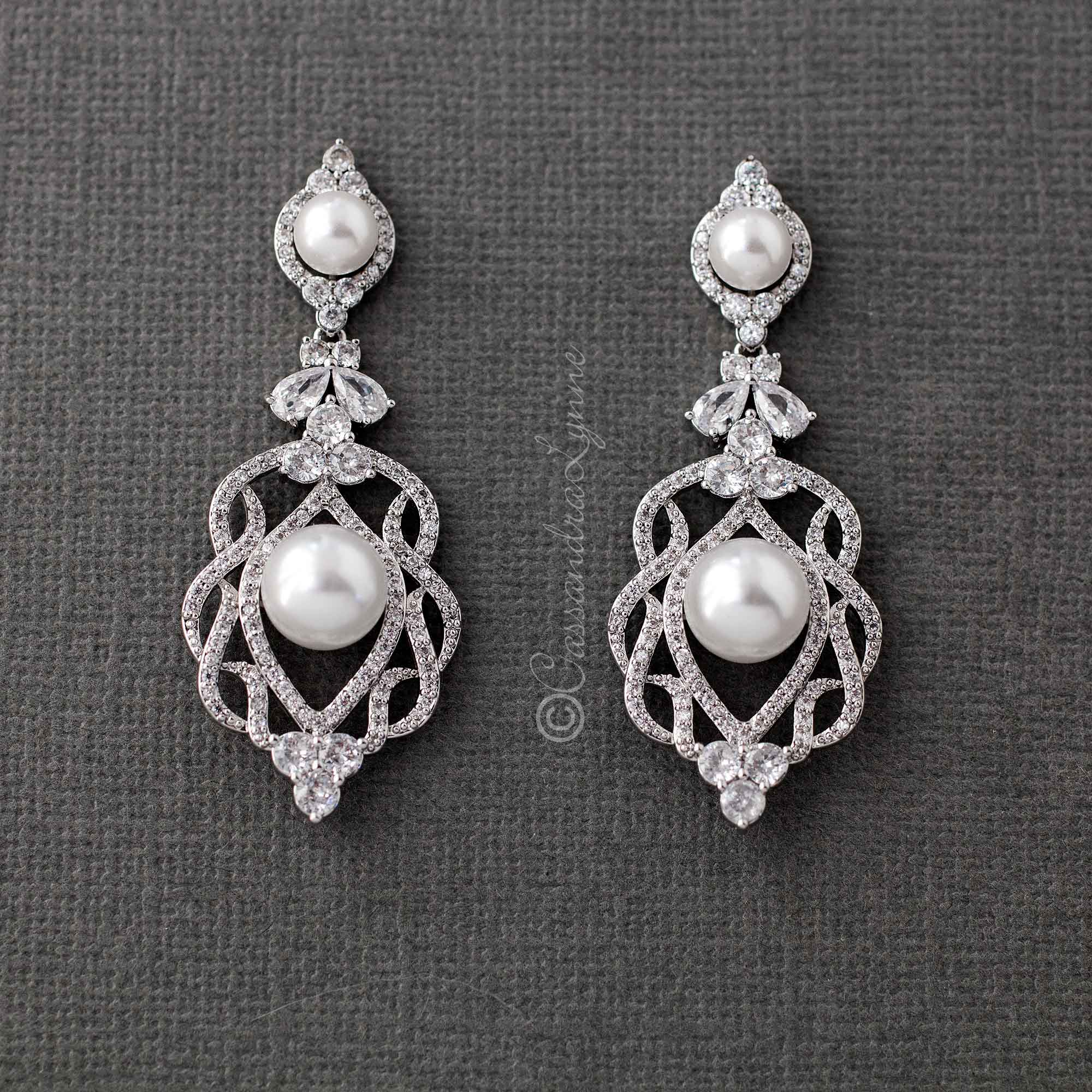 CZ Bridal Art Deco Earrings with Pearls - Earrings - Cassandra Lynne