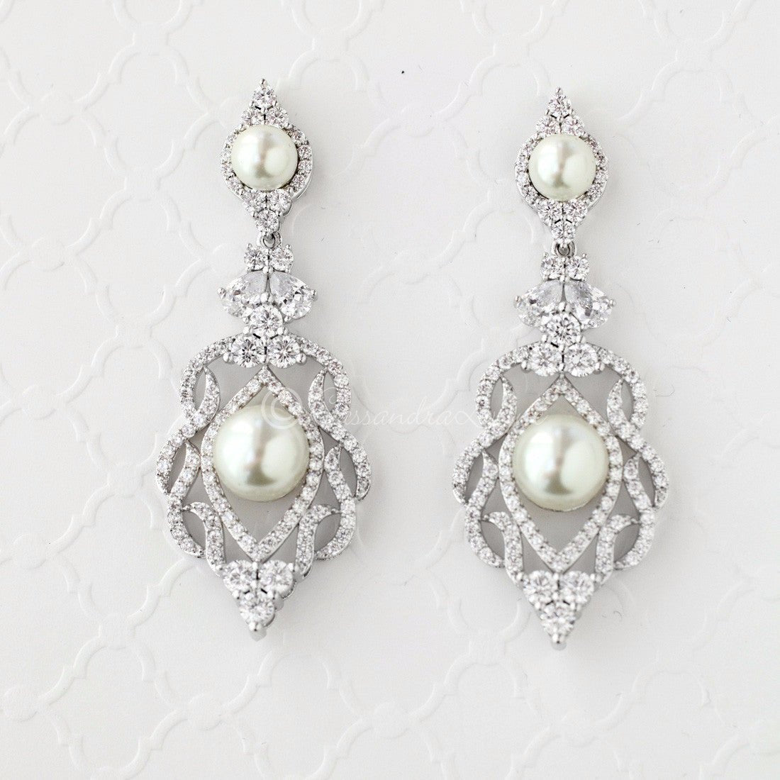 CZ Bridal Art Deco Earrings with Pearls - Cassandra Lynne