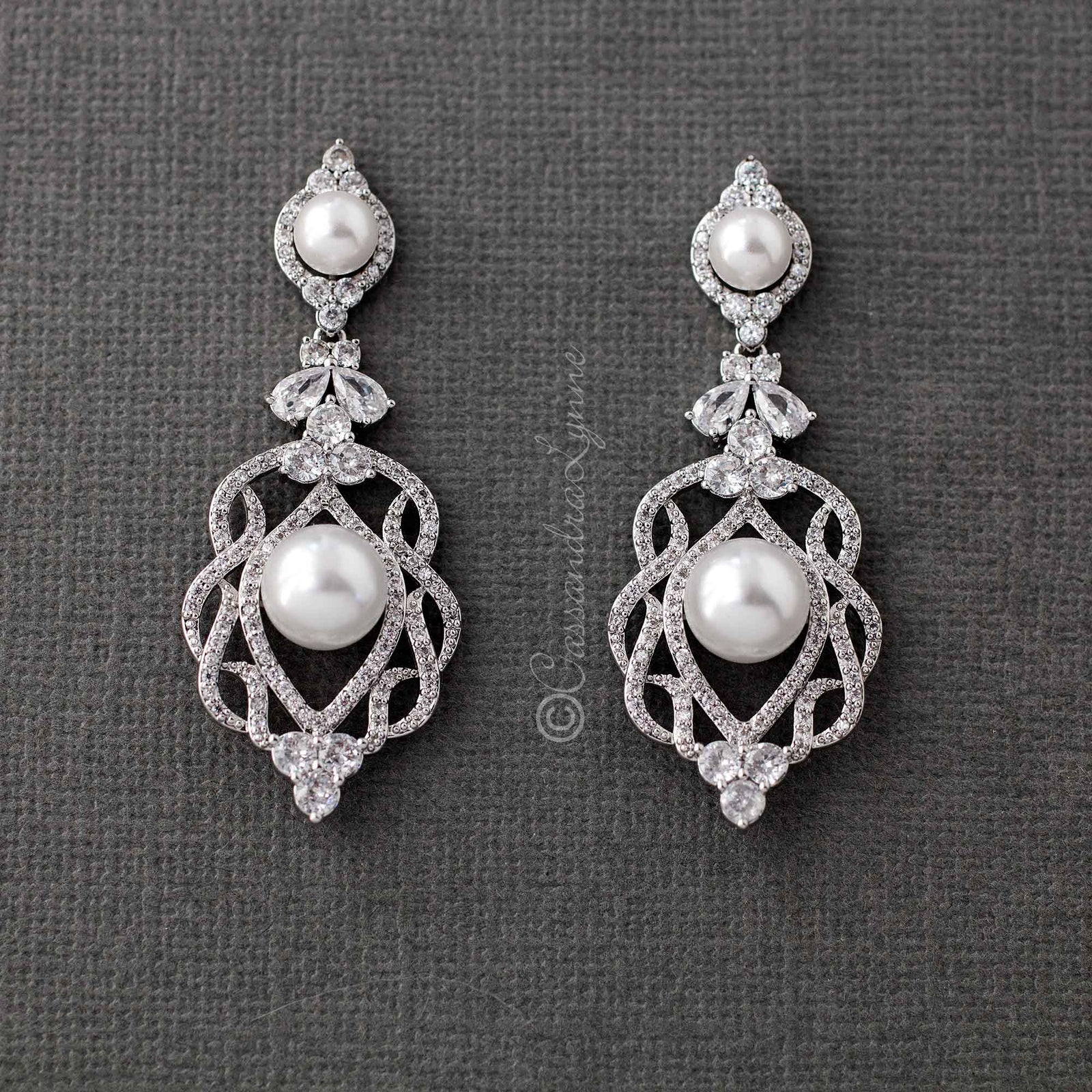 CZ Bridal Art Deco Earrings with Pearls - Cassandra Lynne